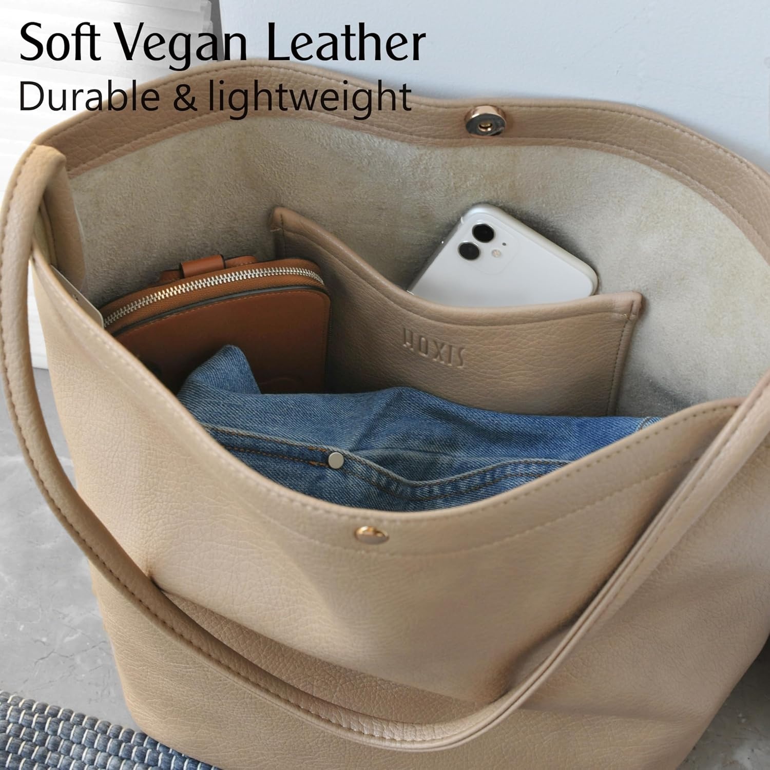 image:imageHobo Bags for Women Vegan Leather Bucket Bags Minimalist Shoulder HandbagNude