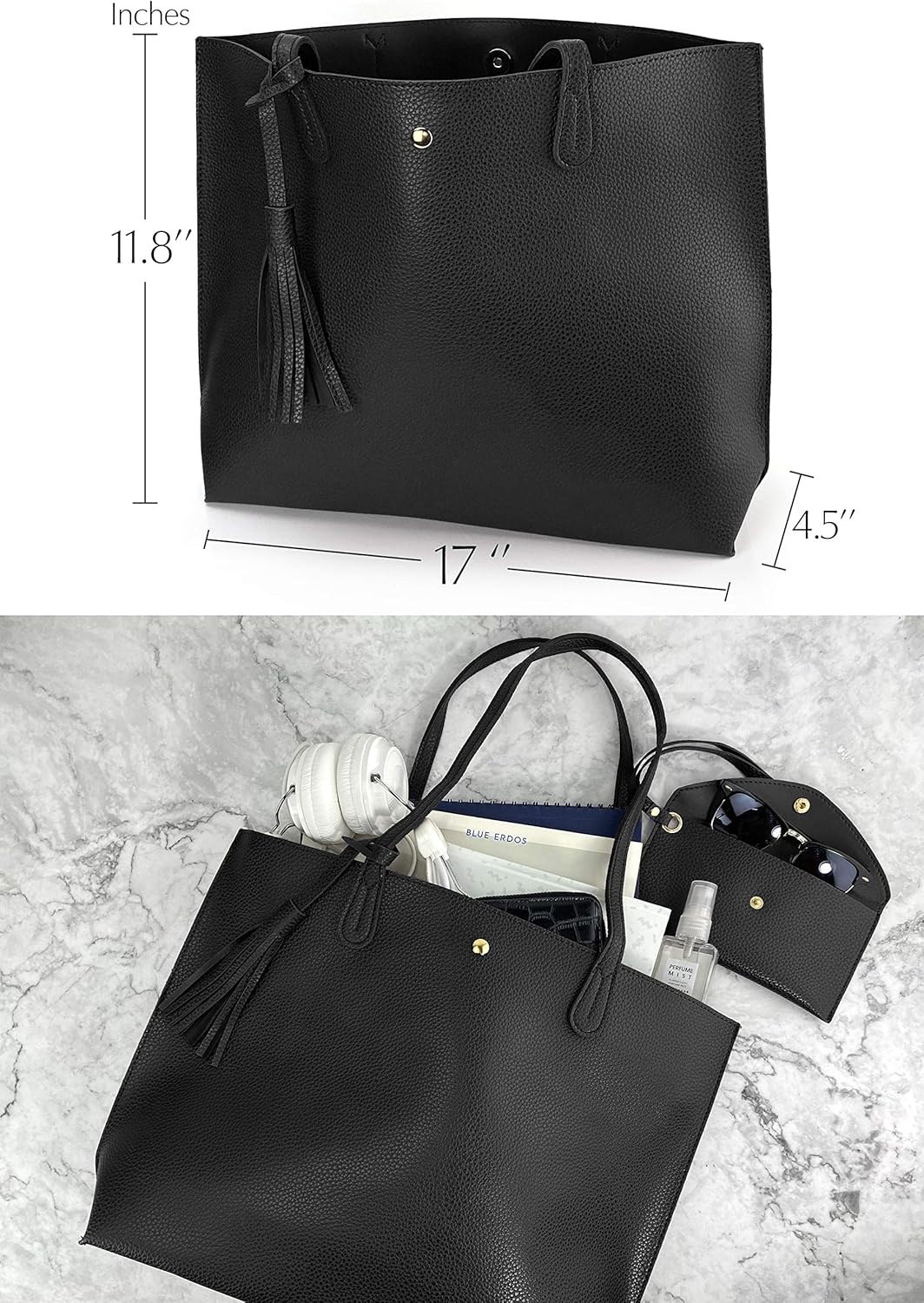 image:imageMinimalist Clean Cut Pebbled Faux Leather Tote Womens Shoulder HandbagBlack
