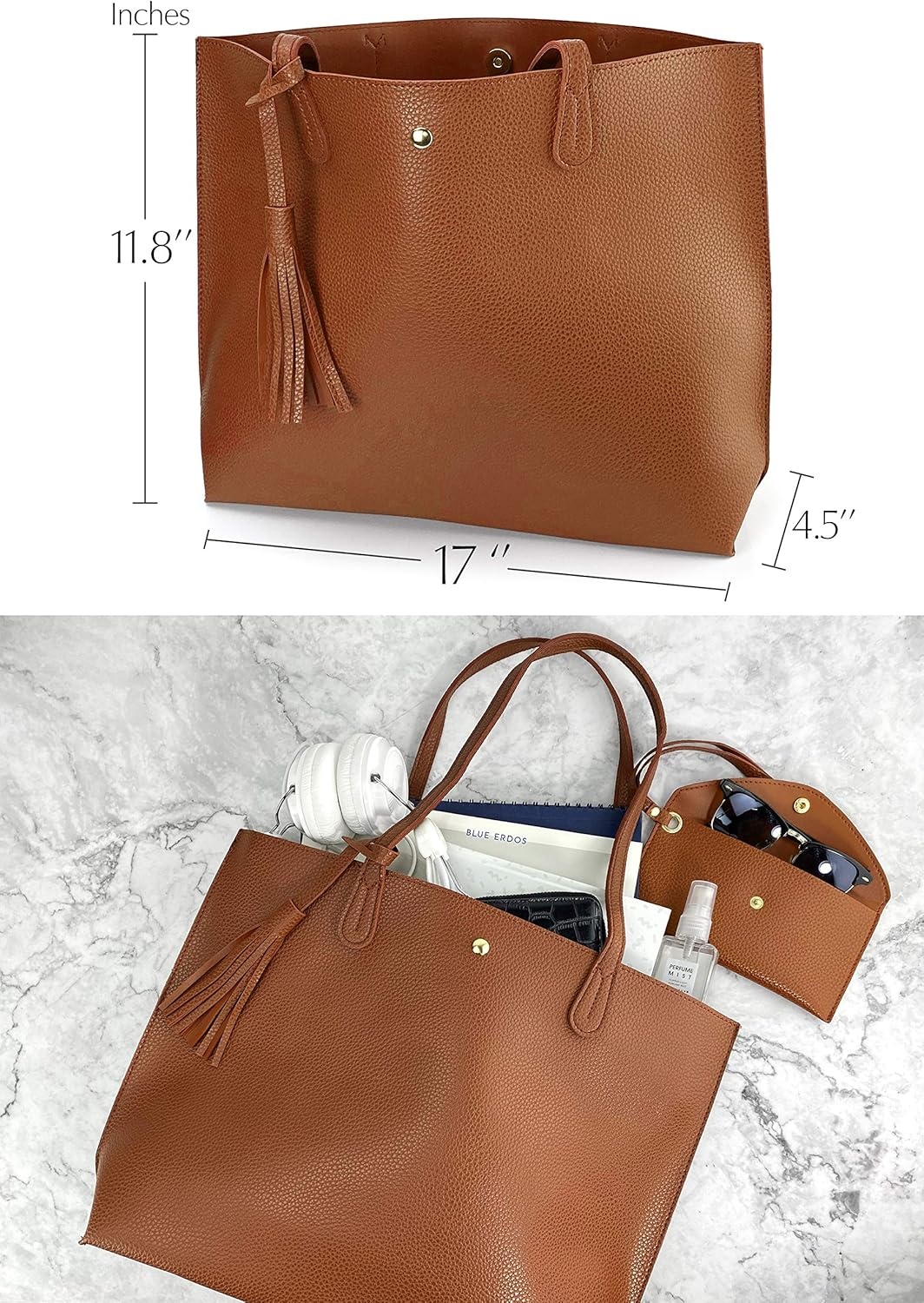 image:imageMinimalist Clean Cut Pebbled Faux Leather Tote Womens Shoulder HandbagBrown