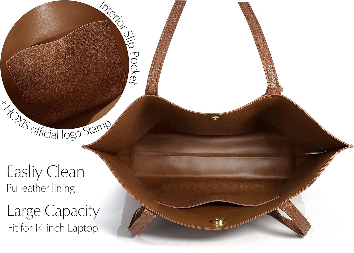 image:imageMinimalist Clean Cut Pebbled Faux Leather Tote Womens Shoulder HandbagBrown