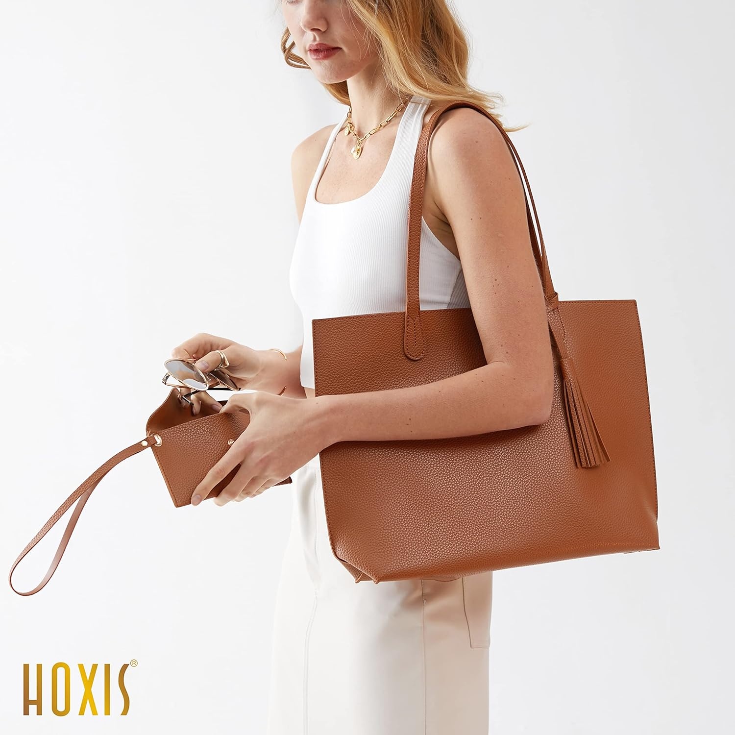 image:imageMinimalist Clean Cut Pebbled Faux Leather Tote Womens Shoulder HandbagBrown