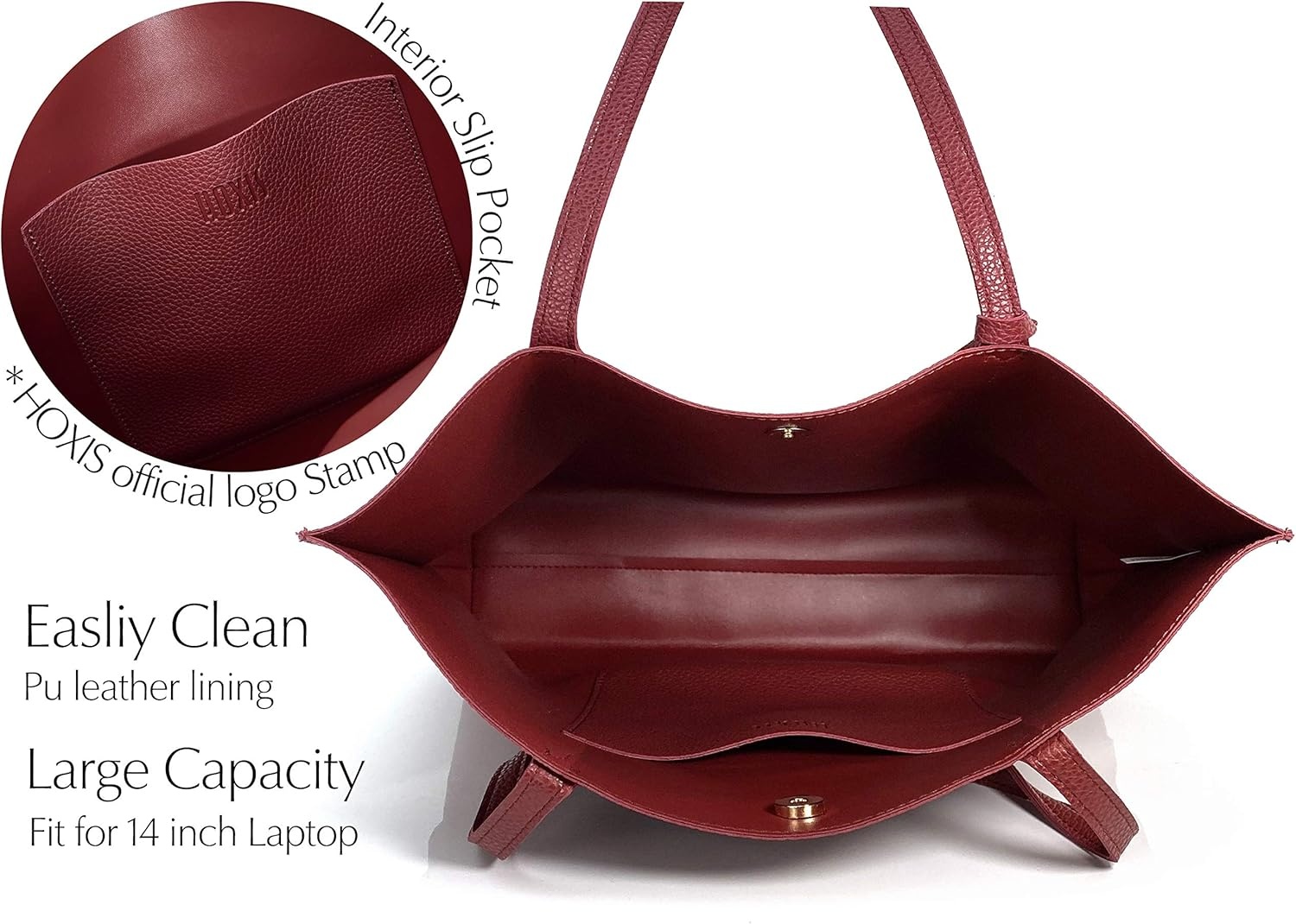 image:imageMinimalist Clean Cut Pebbled Faux Leather Tote Womens Shoulder HandbagDark Red