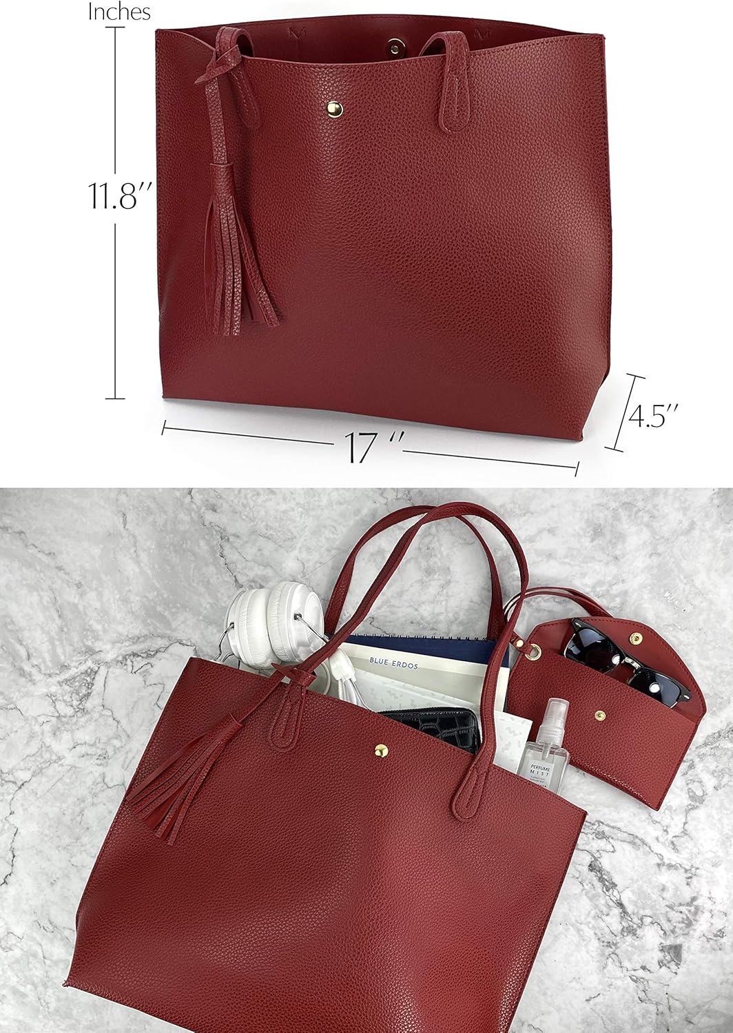image:imageMinimalist Clean Cut Pebbled Faux Leather Tote Womens Shoulder HandbagDark Red
