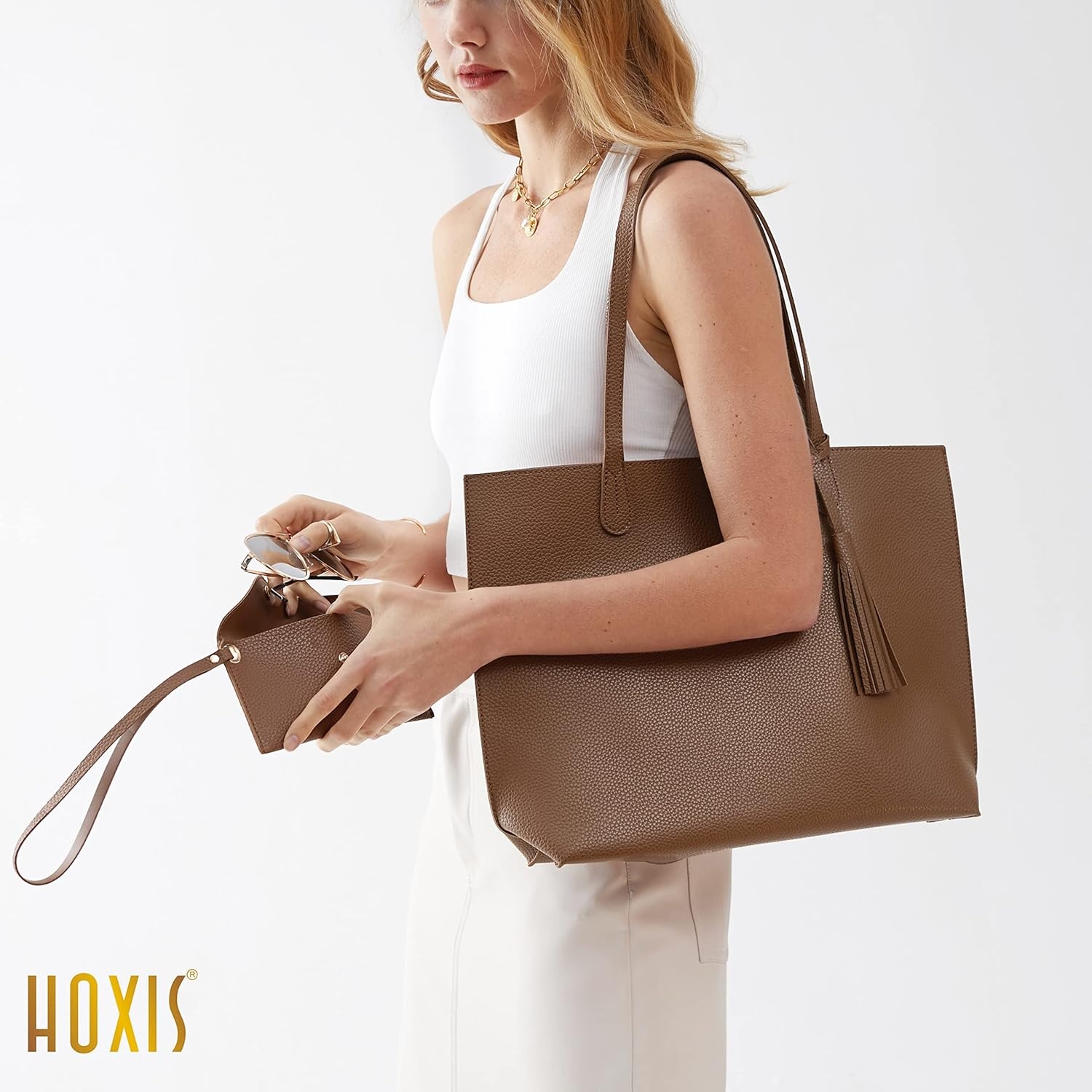 image:imageMinimalist Clean Cut Pebbled Faux Leather Tote Womens Shoulder HandbagMocha