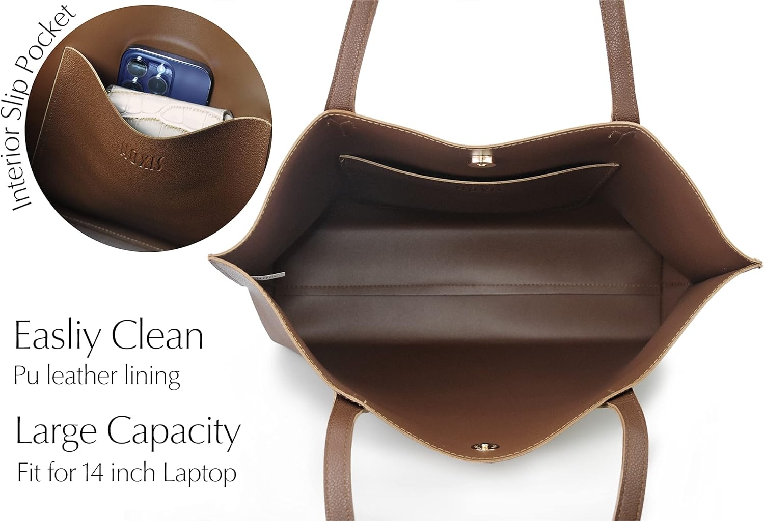 image:imageMinimalist Clean Cut Pebbled Faux Leather Tote Womens Shoulder HandbagMocha