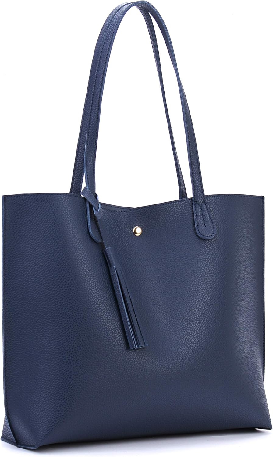image:imageMinimalist Clean Cut Pebbled Faux Leather Tote Womens Shoulder HandbagNavy