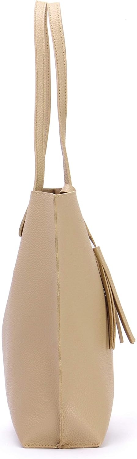image:imageMinimalist Clean Cut Pebbled Faux Leather Tote Womens Shoulder HandbagNew Beige