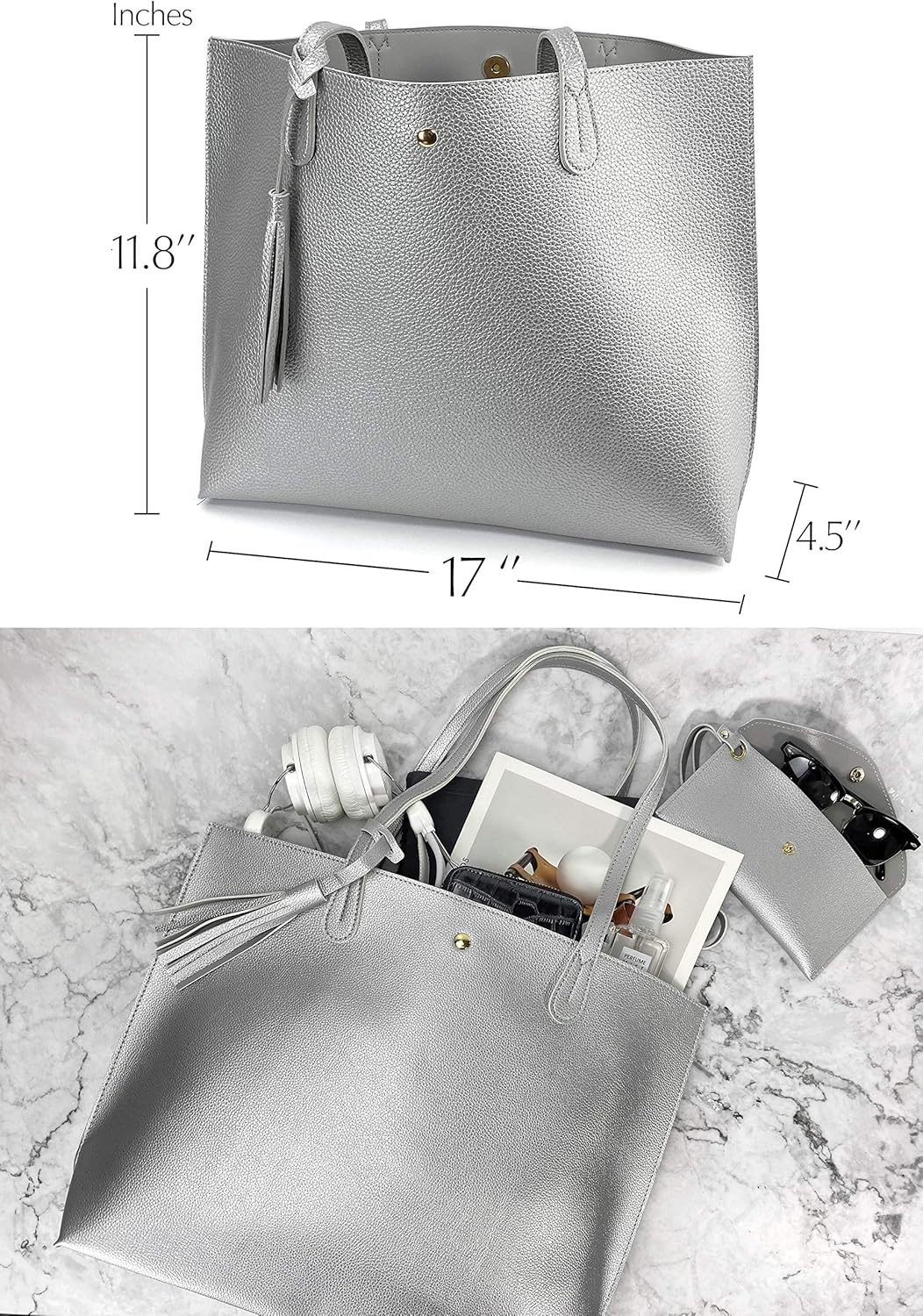 image:imageMinimalist Clean Cut Pebbled Faux Leather Tote Womens Shoulder HandbagSilver