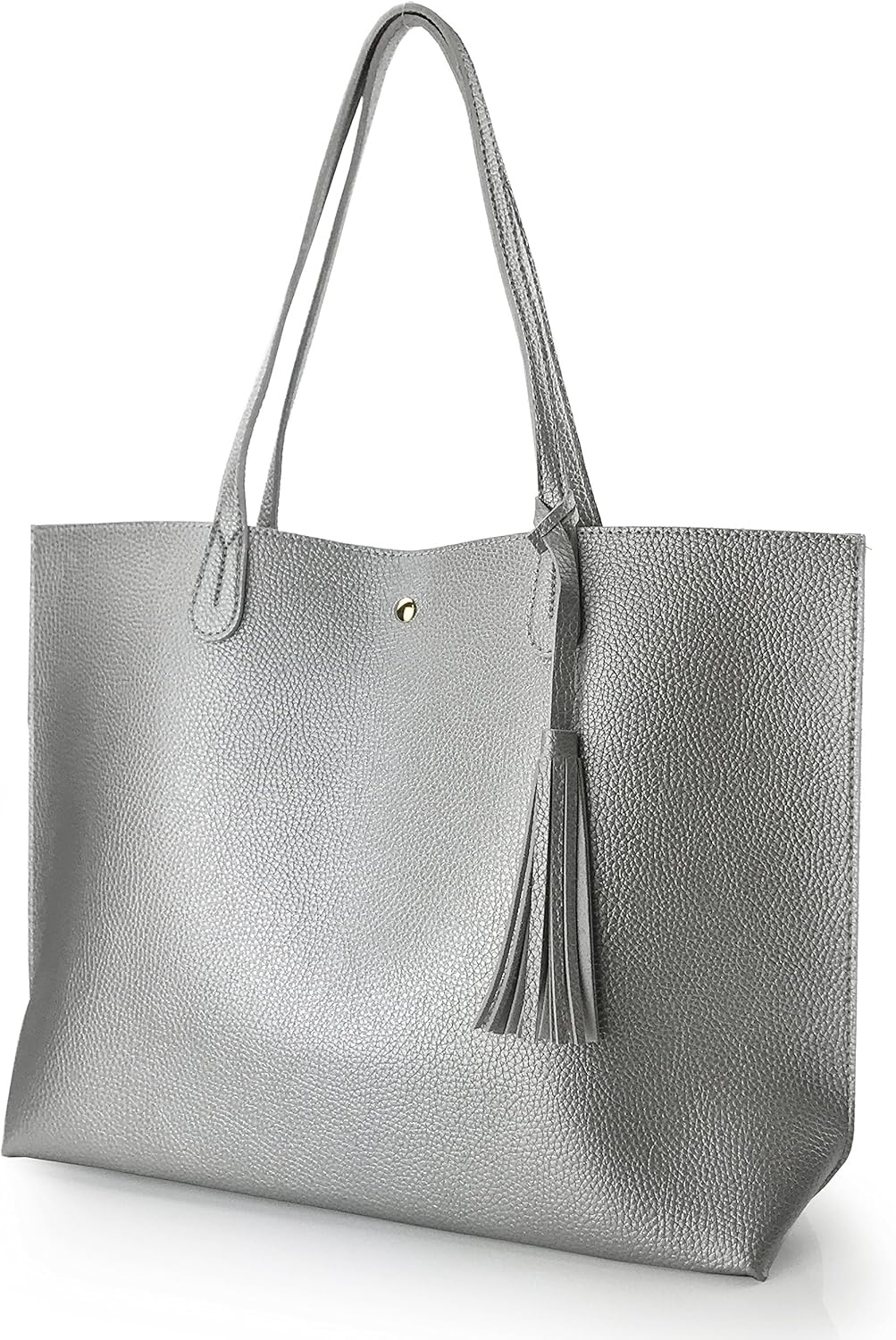 image:imageMinimalist Clean Cut Pebbled Faux Leather Tote Womens Shoulder HandbagSilver
