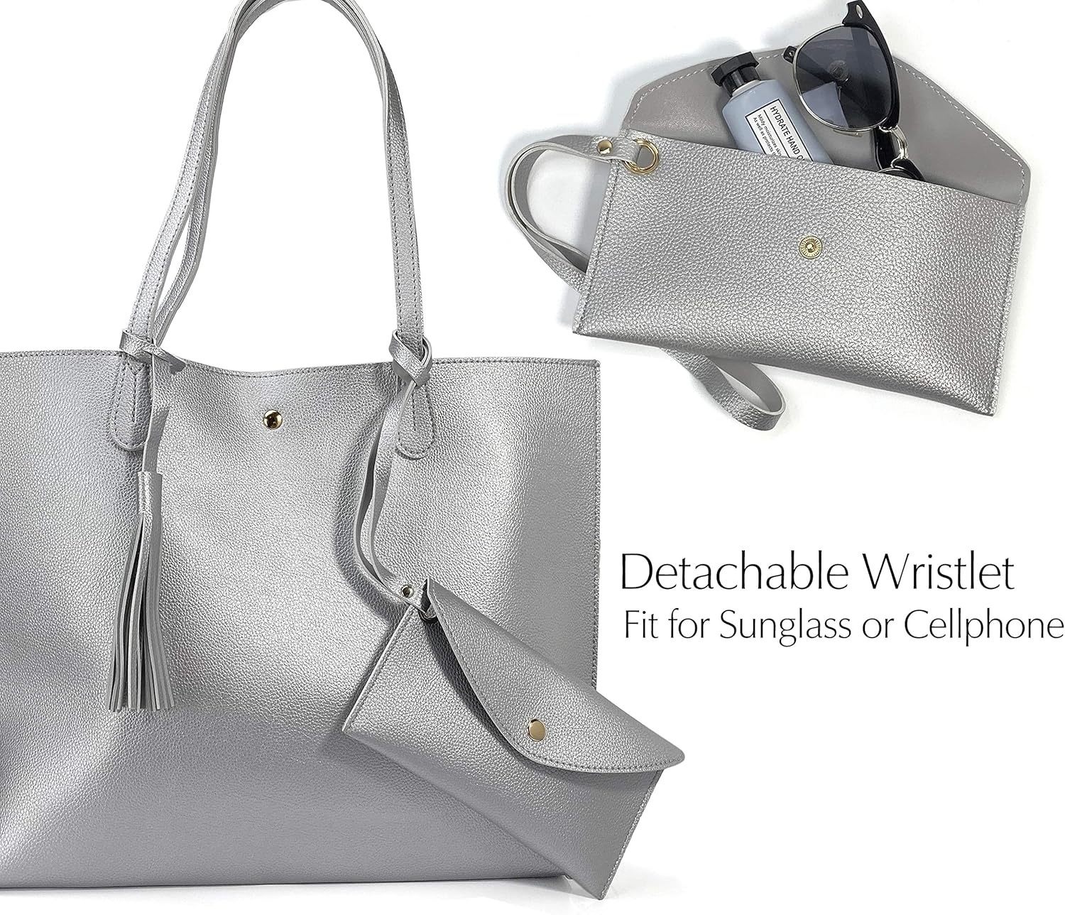 image:imageMinimalist Clean Cut Pebbled Faux Leather Tote Womens Shoulder HandbagSilver