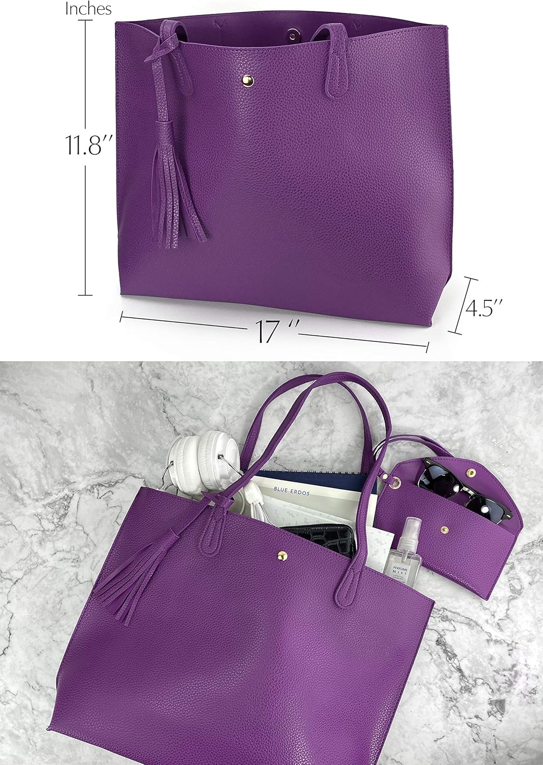 image:imageMinimalist Clean Cut Pebbled Faux Leather Tote Womens Shoulder HandbagViolet