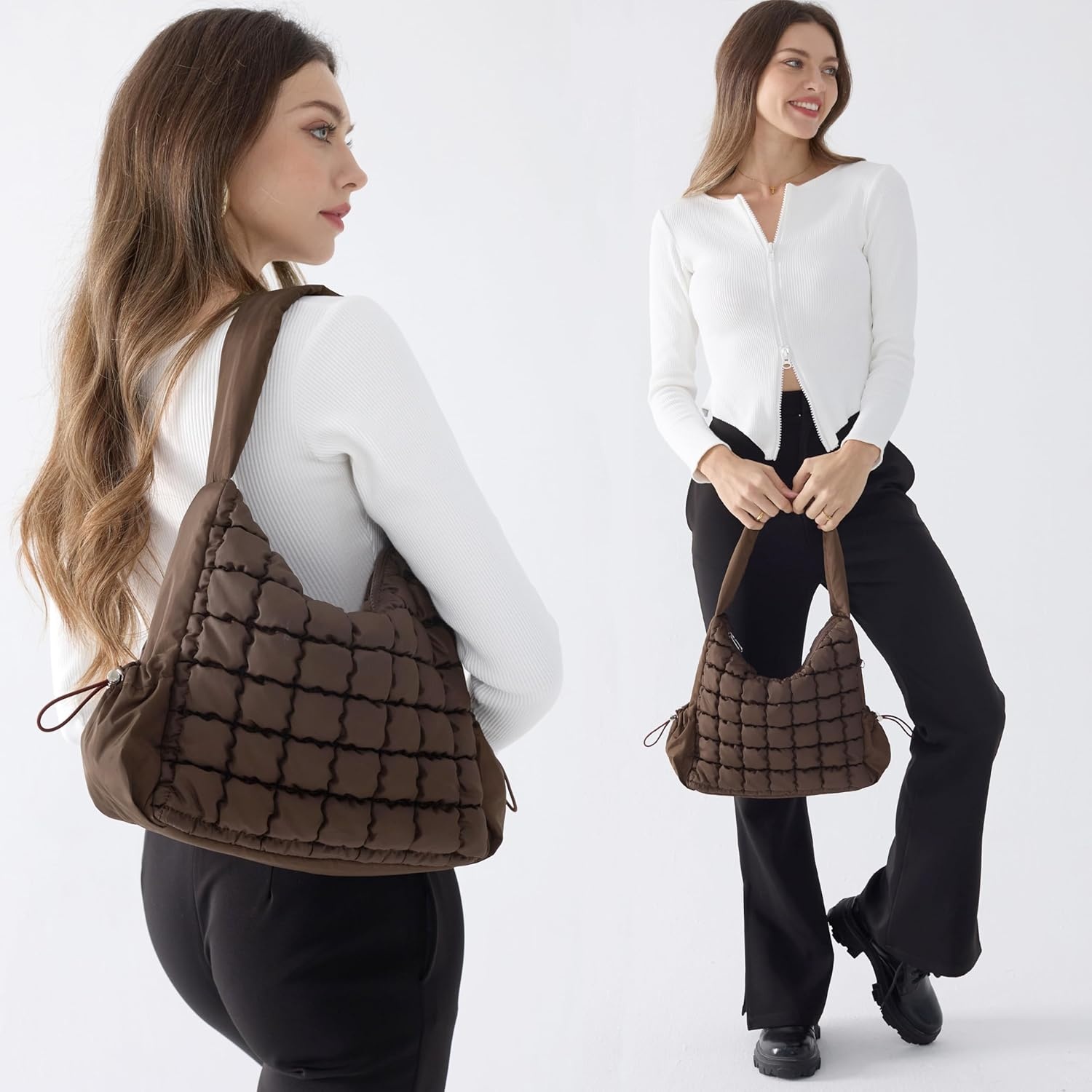 image:imagePuffer Quilted Shoulder Bag for Women Hobo Handbag Lightweight PurseBeige