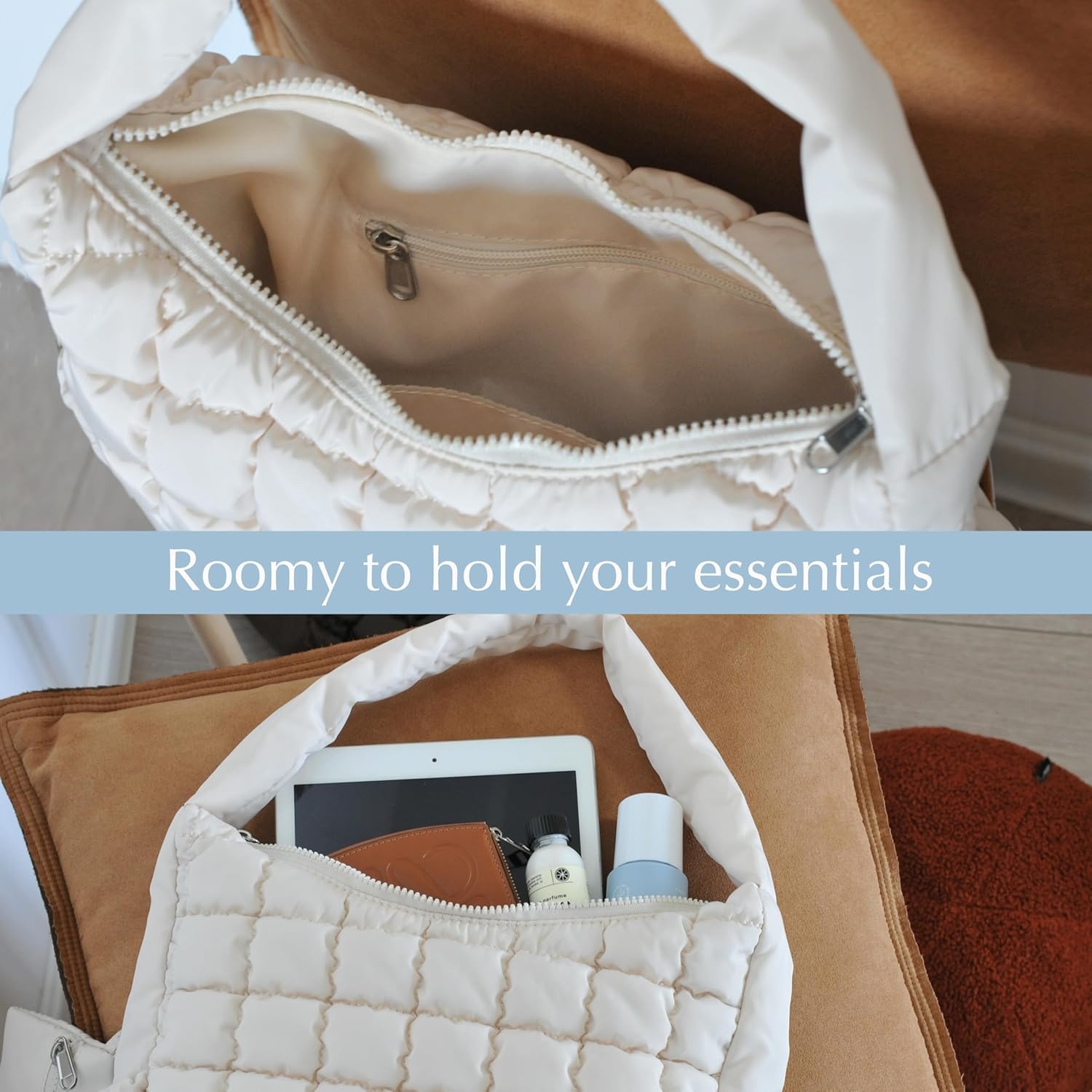 image:imagePuffer Quilted Shoulder Bag for Women Hobo Handbag Lightweight PurseBeige