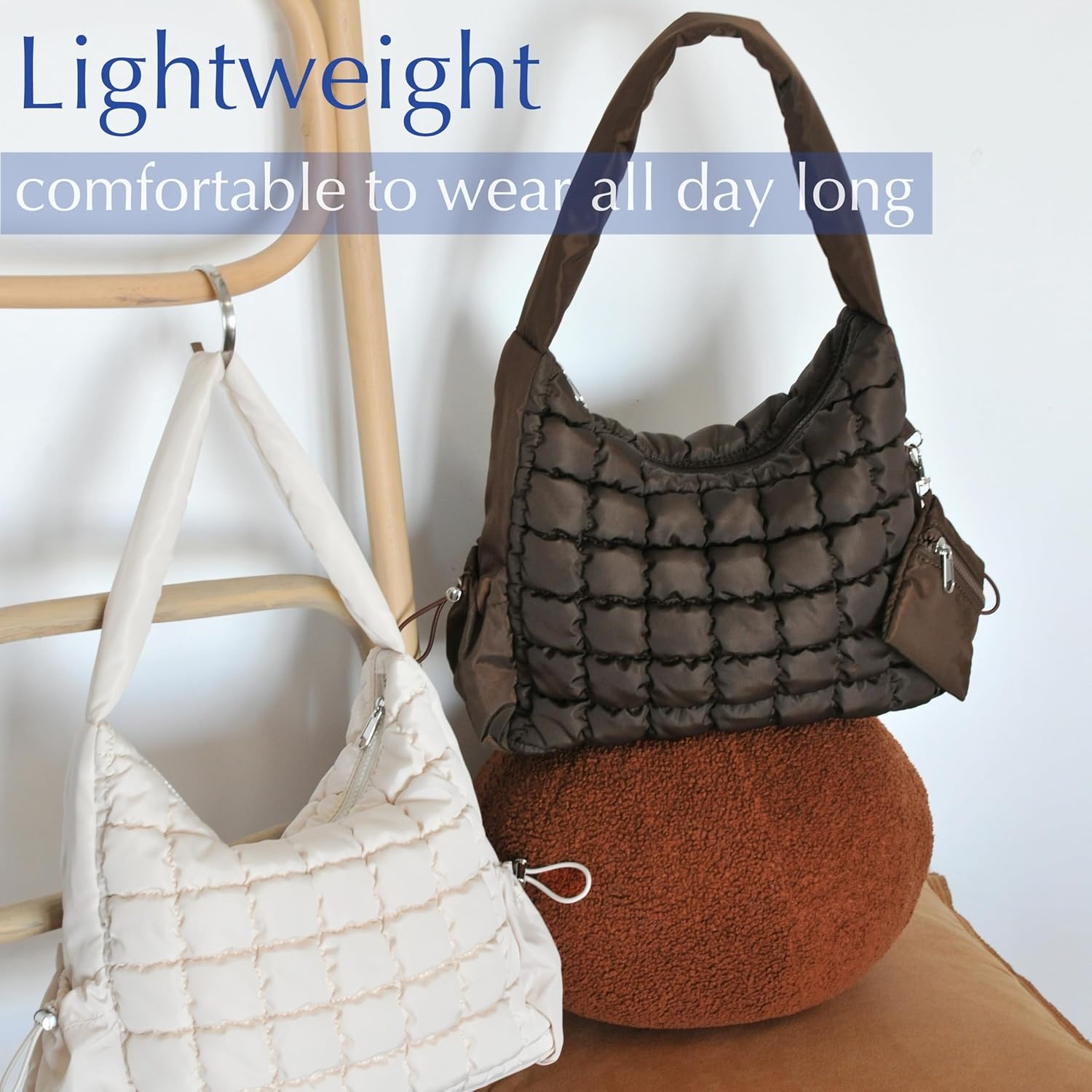 image:imagePuffer Quilted Shoulder Bag for Women Hobo Handbag Lightweight PurseBeige