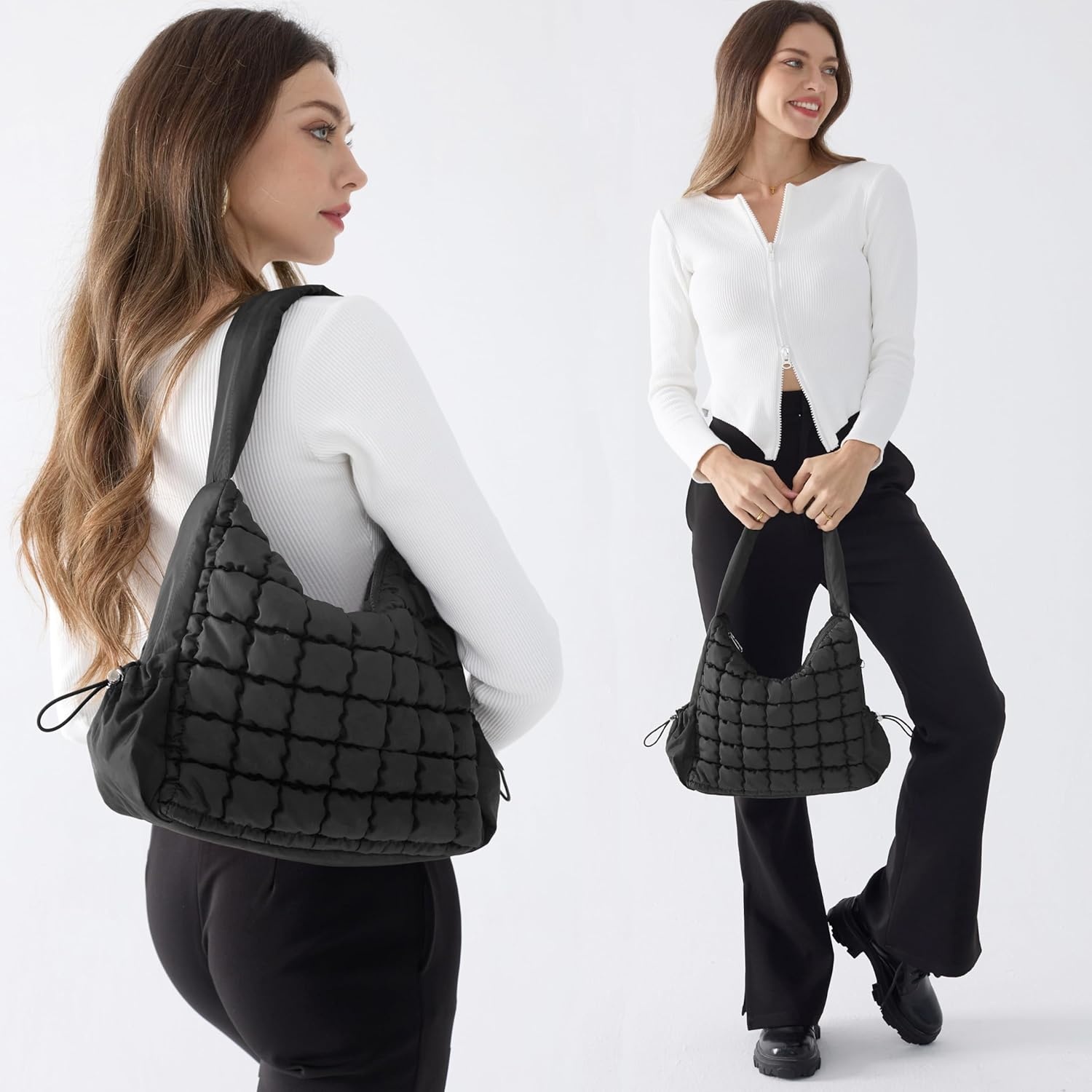 image:imagePuffer Quilted Shoulder Bag for Women Hobo Handbag Lightweight PurseBlack