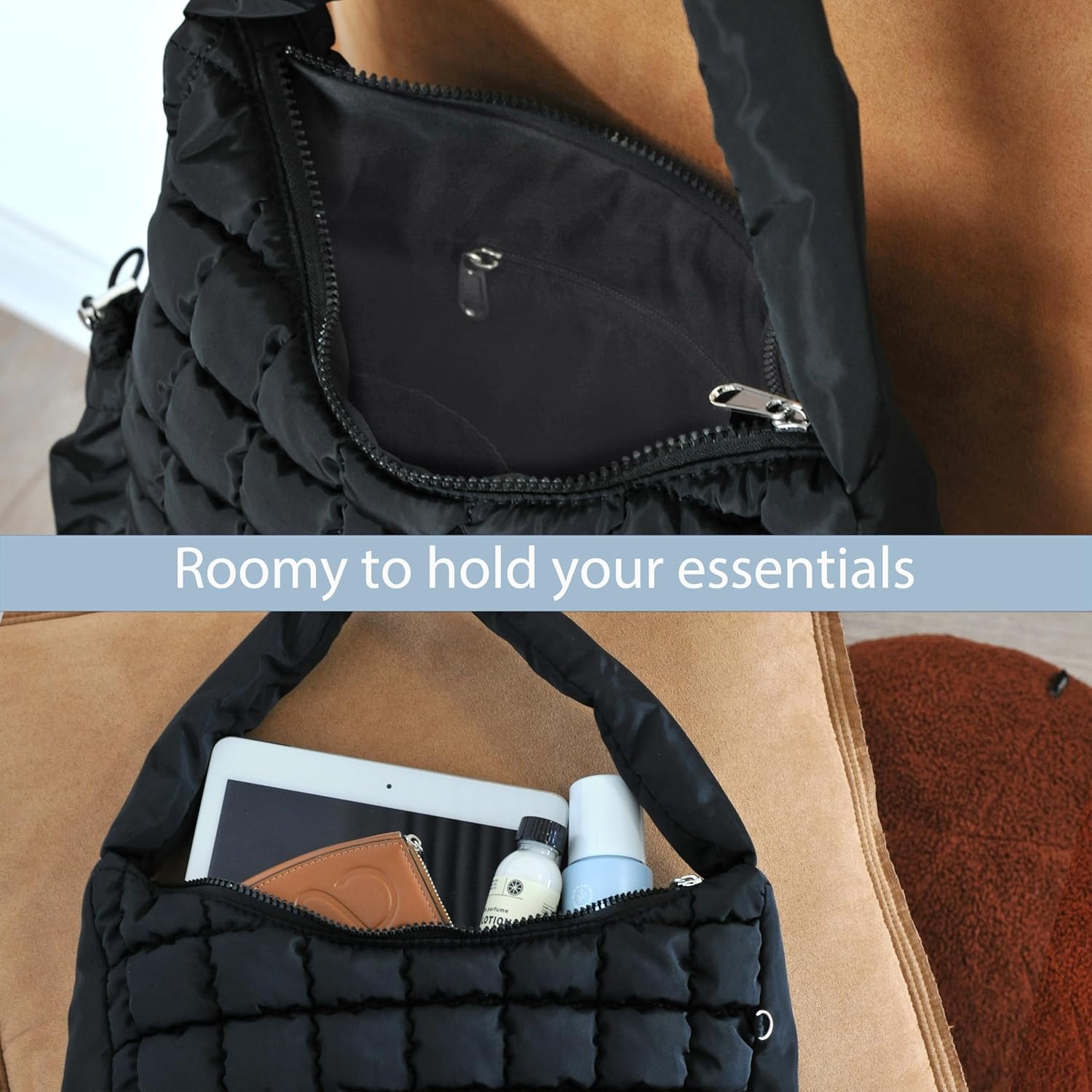 image:imagePuffer Quilted Shoulder Bag for Women Hobo Handbag Lightweight PurseBlack