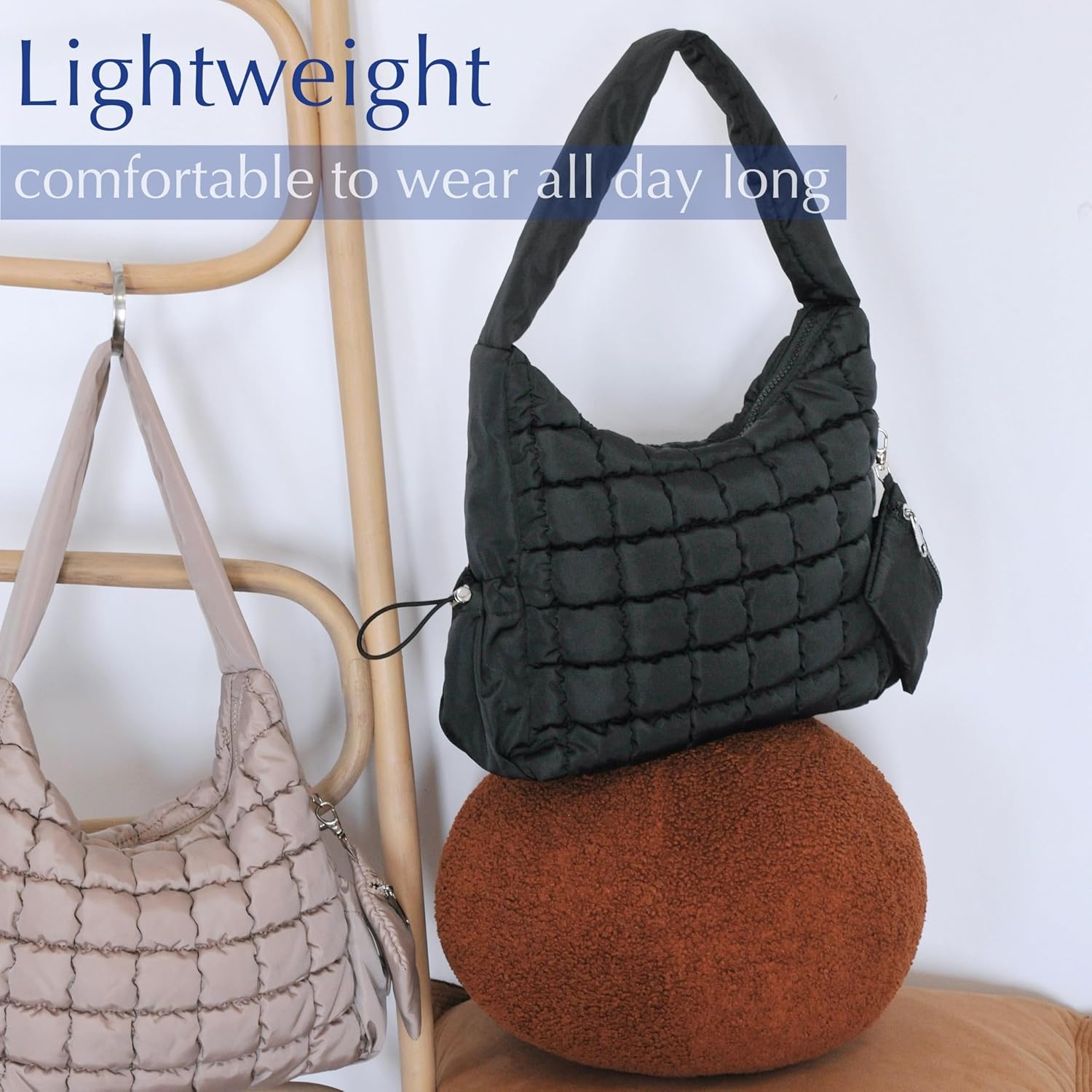 image:imagePuffer Quilted Shoulder Bag for Women Hobo Handbag Lightweight PurseBlack