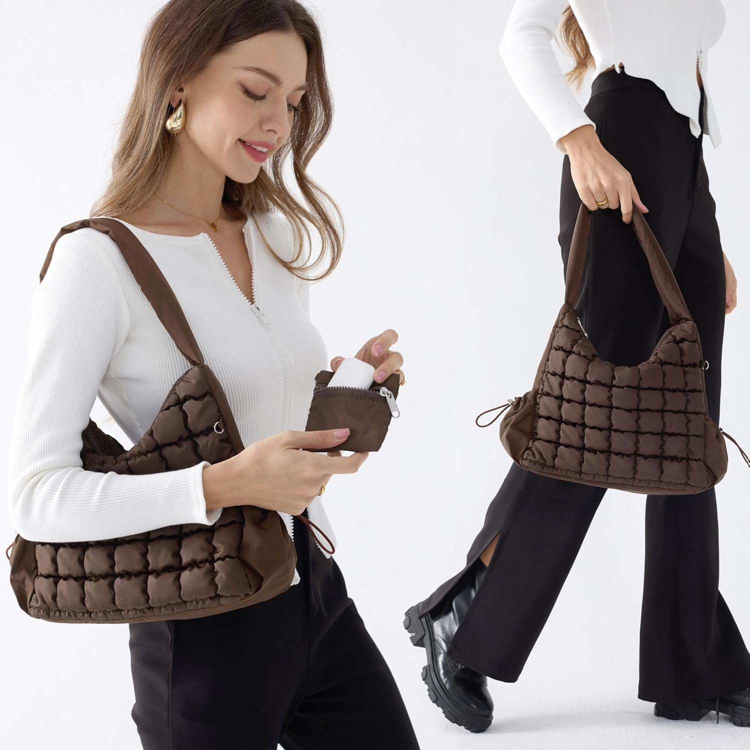 image:imagePuffer Quilted Shoulder Bag for Women Hobo Handbag Lightweight PurseCoffee