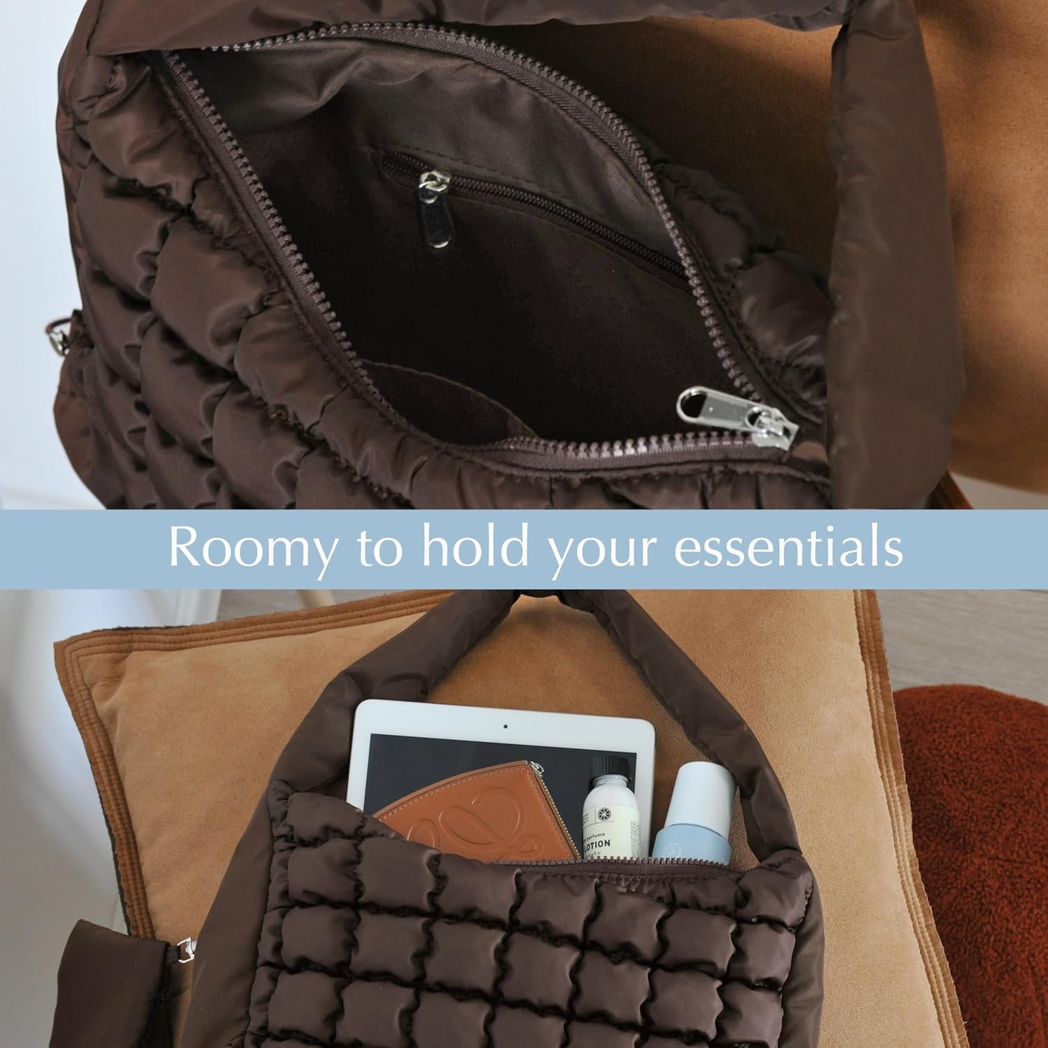 image:imagePuffer Quilted Shoulder Bag for Women Hobo Handbag Lightweight PurseCoffee
