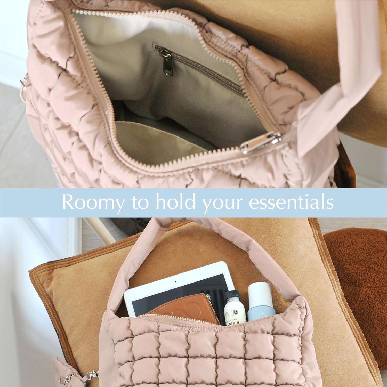 image:imagePuffer Quilted Shoulder Bag for Women Hobo Handbag Lightweight PurseKhaki