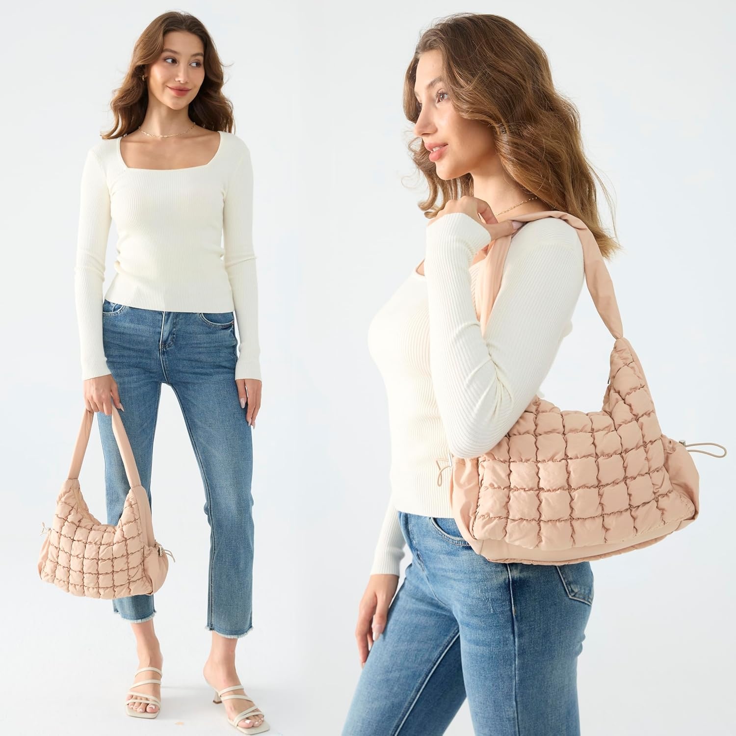 image:imagePuffer Quilted Shoulder Bag for Women Hobo Handbag Lightweight PurseKhaki