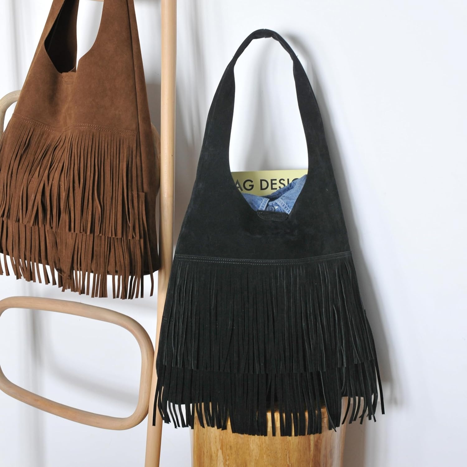 image:imageTassel Faux Suede Hobo Bag for Women Fringe Shoulder HandbagBlack