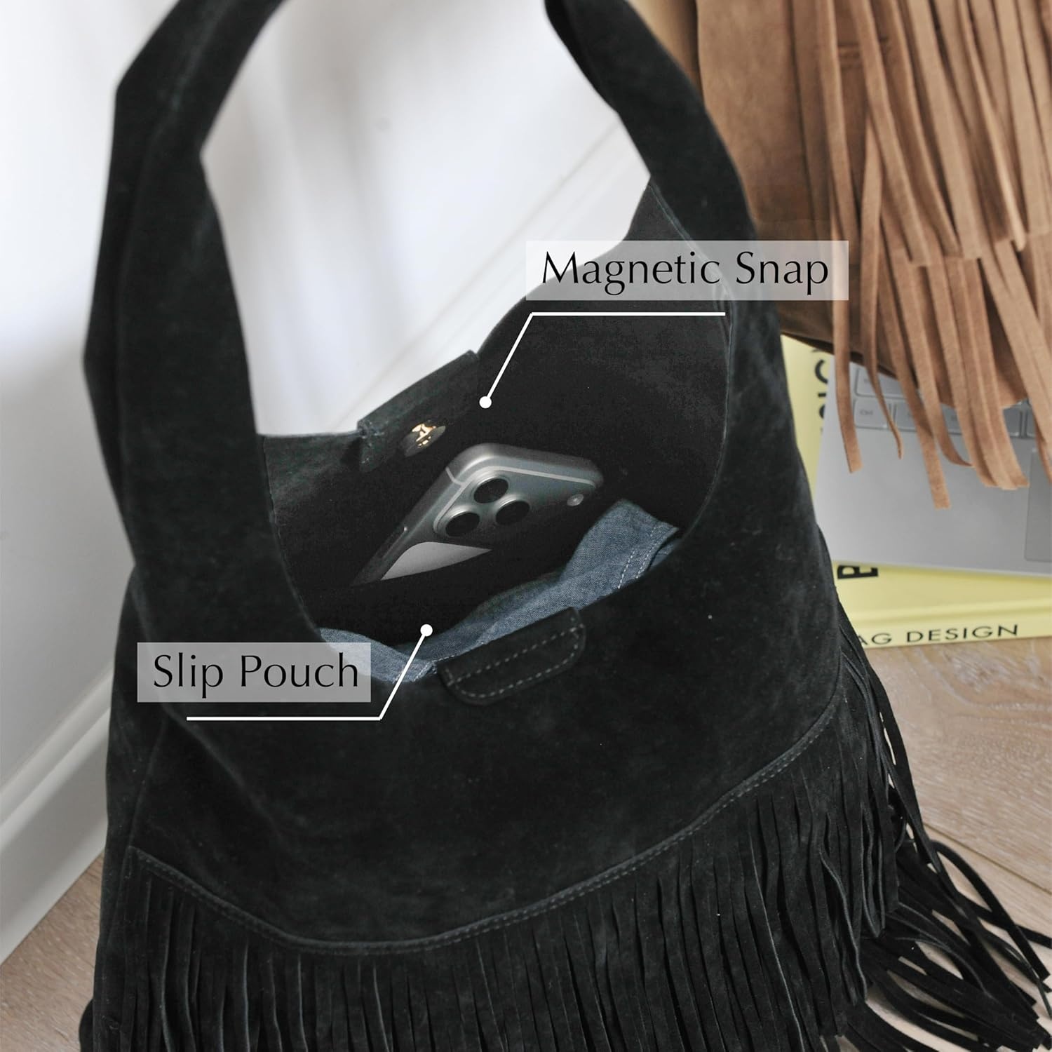 image:imageTassel Faux Suede Hobo Bag for Women Fringe Shoulder HandbagBlack