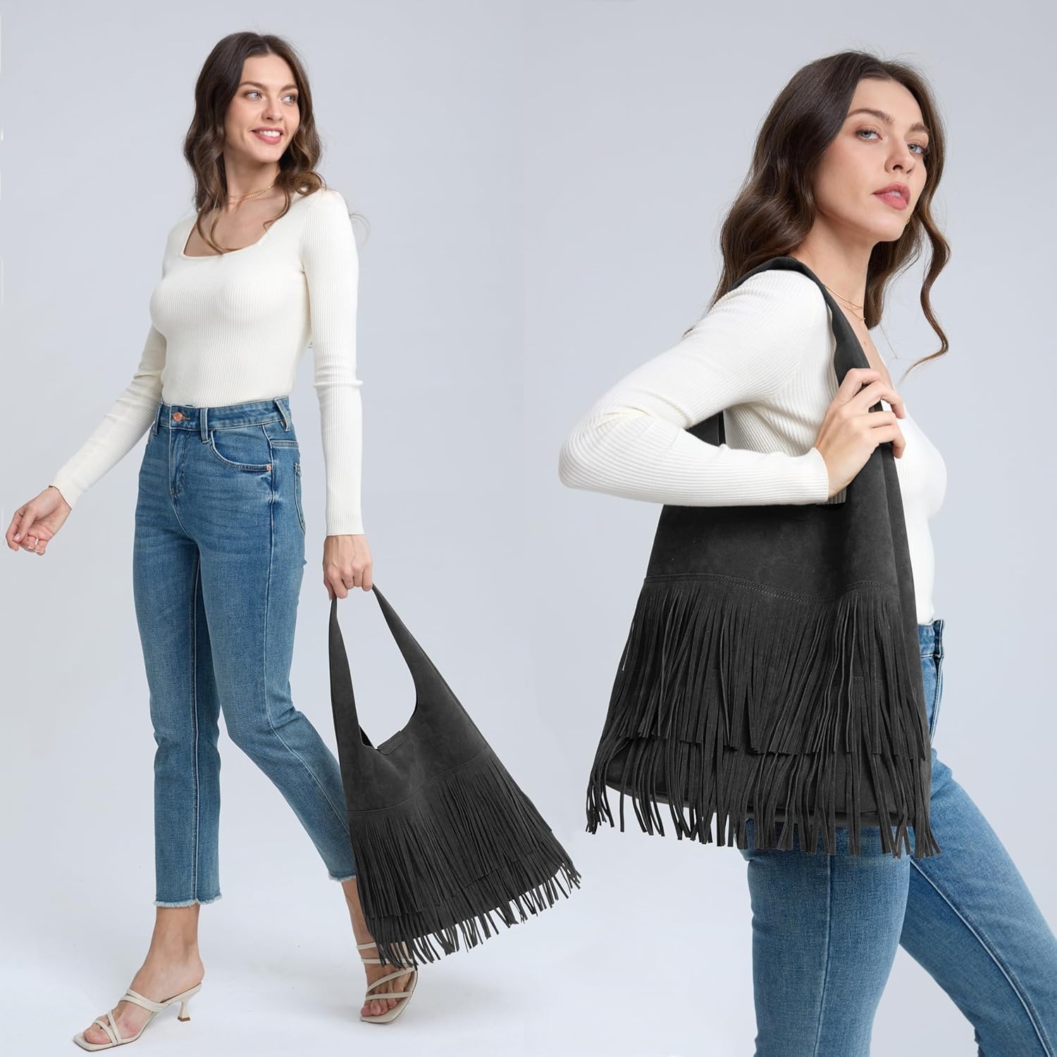 image:imageTassel Faux Suede Hobo Bag for Women Fringe Shoulder HandbagBlack
