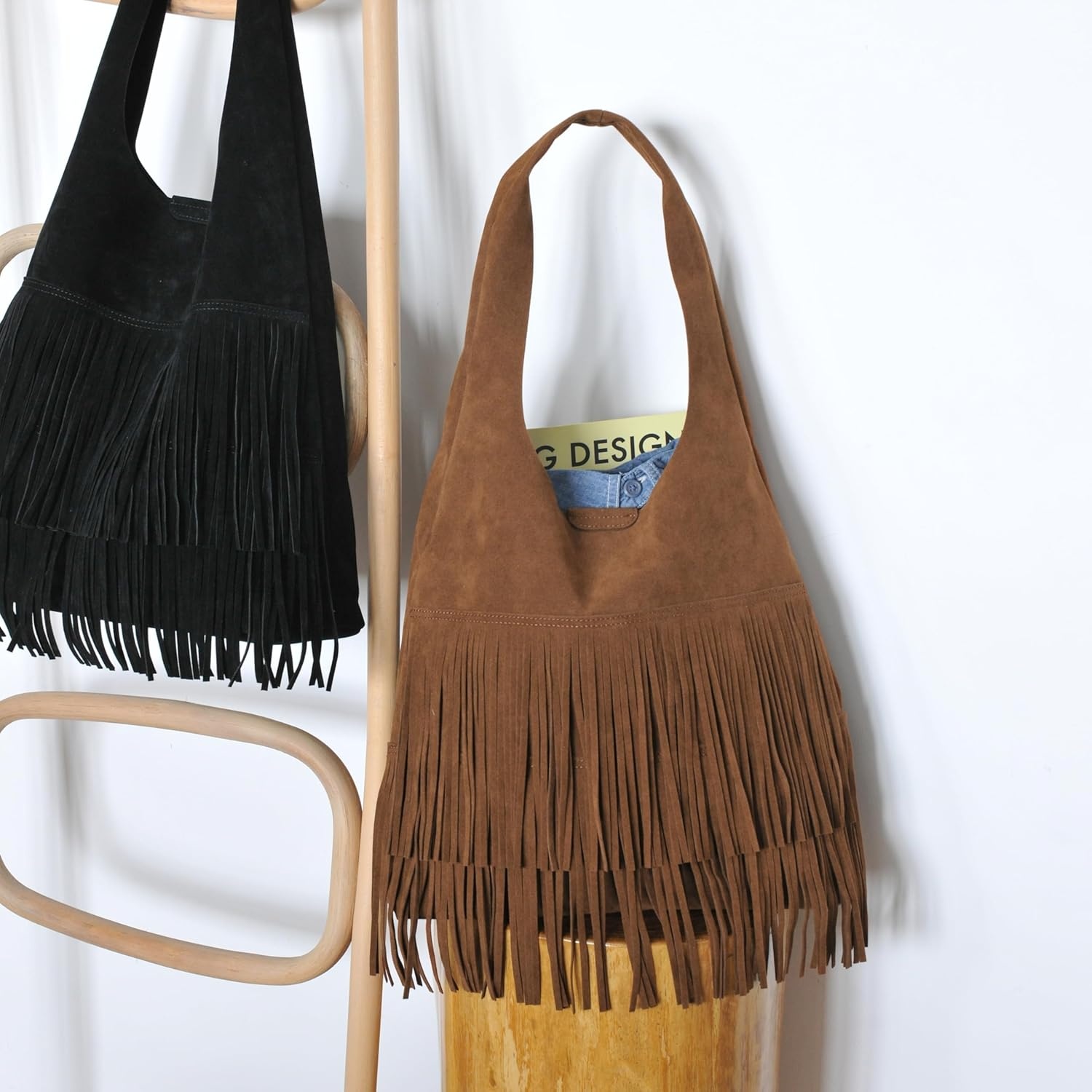 image:imageTassel Faux Suede Hobo Bag for Women Fringe Shoulder HandbagBrown