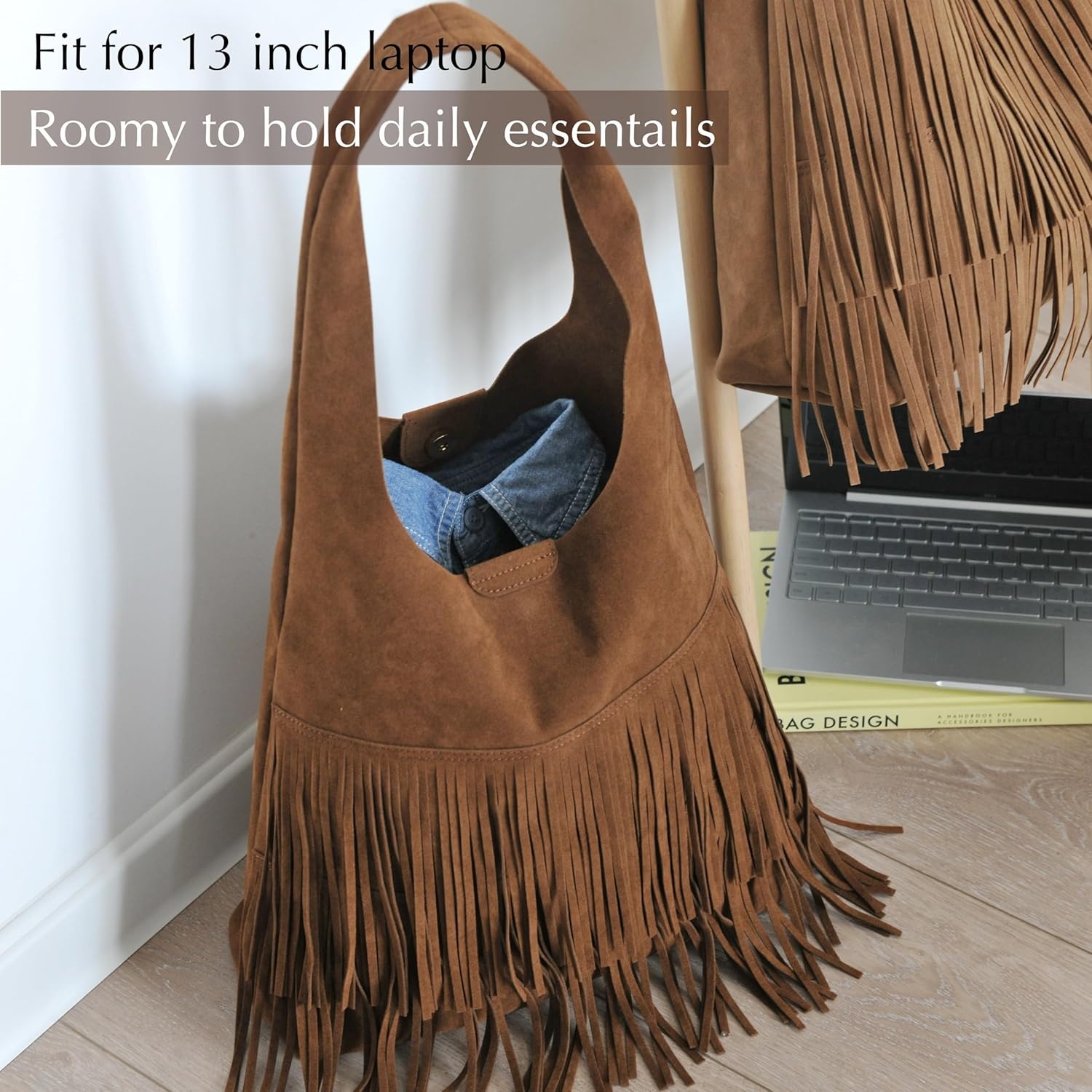 image:imageTassel Faux Suede Hobo Bag for Women Fringe Shoulder HandbagBrown