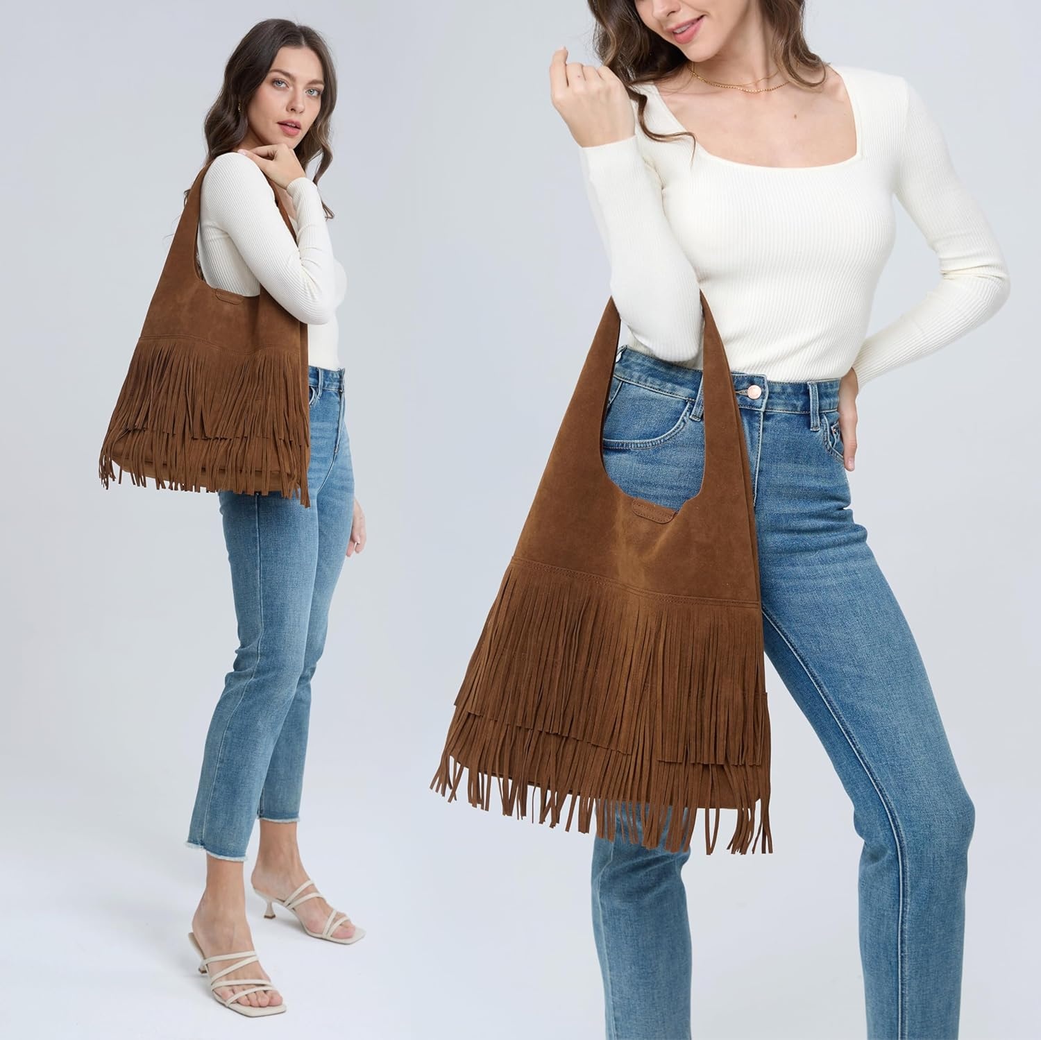 image:imageTassel Faux Suede Hobo Bag for Women Fringe Shoulder HandbagBrown
