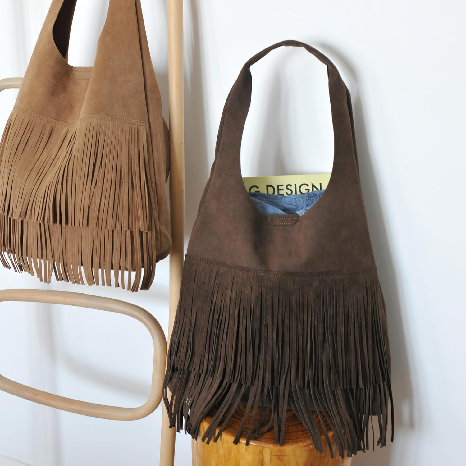 image:imageTassel Faux Suede Hobo Bag for Women Fringe Shoulder HandbagCoffee