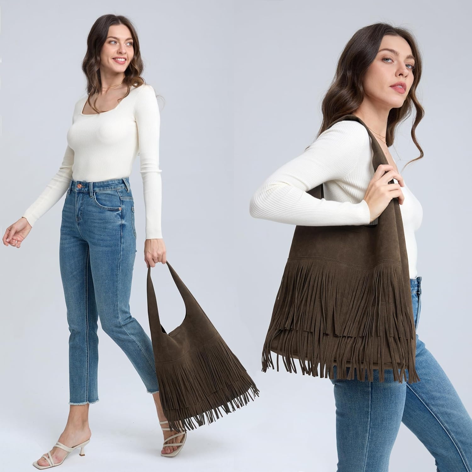 image:imageTassel Faux Suede Hobo Bag for Women Fringe Shoulder HandbagCoffee