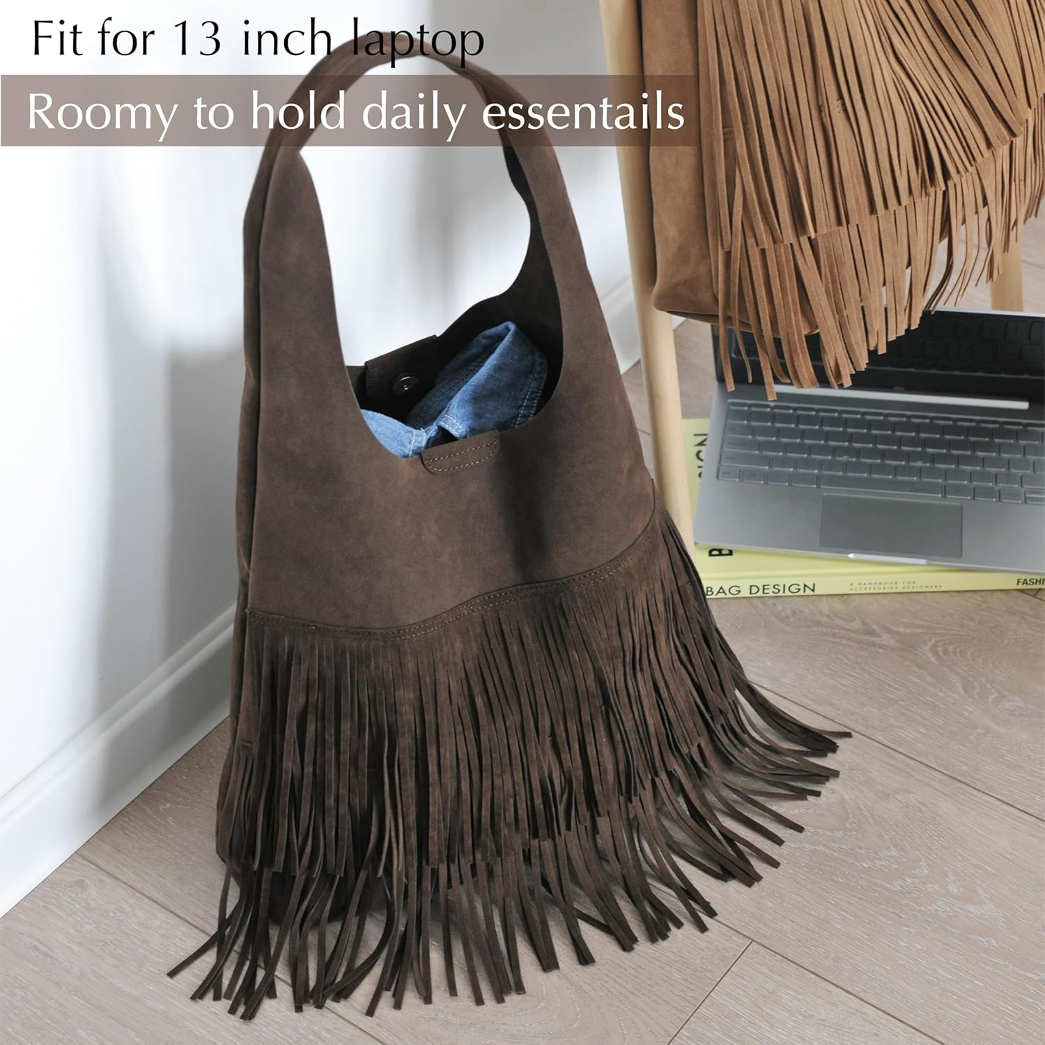 image:imageTassel Faux Suede Hobo Bag for Women Fringe Shoulder HandbagCoffee