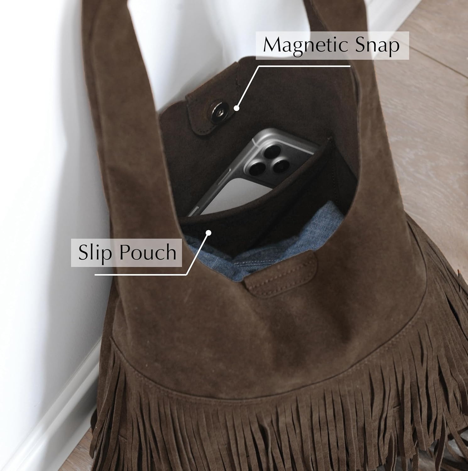 image:imageTassel Faux Suede Hobo Bag for Women Fringe Shoulder HandbagCoffee