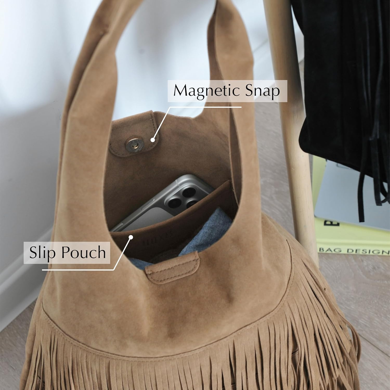 image:imageTassel Faux Suede Hobo Bag for Women Fringe Shoulder HandbagTan