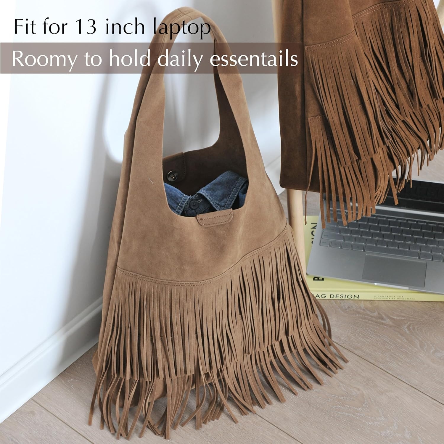 image:imageTassel Faux Suede Hobo Bag for Women Fringe Shoulder HandbagTan