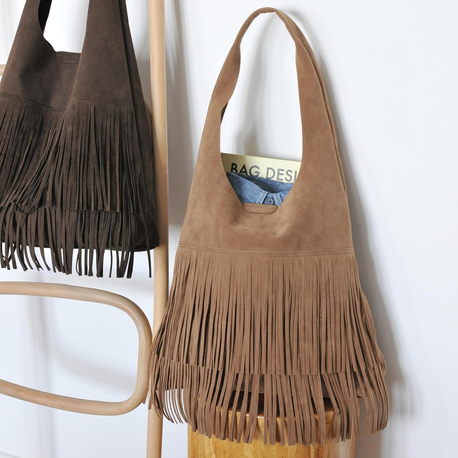 image:imageTassel Faux Suede Hobo Bag for Women Fringe Shoulder HandbagTan