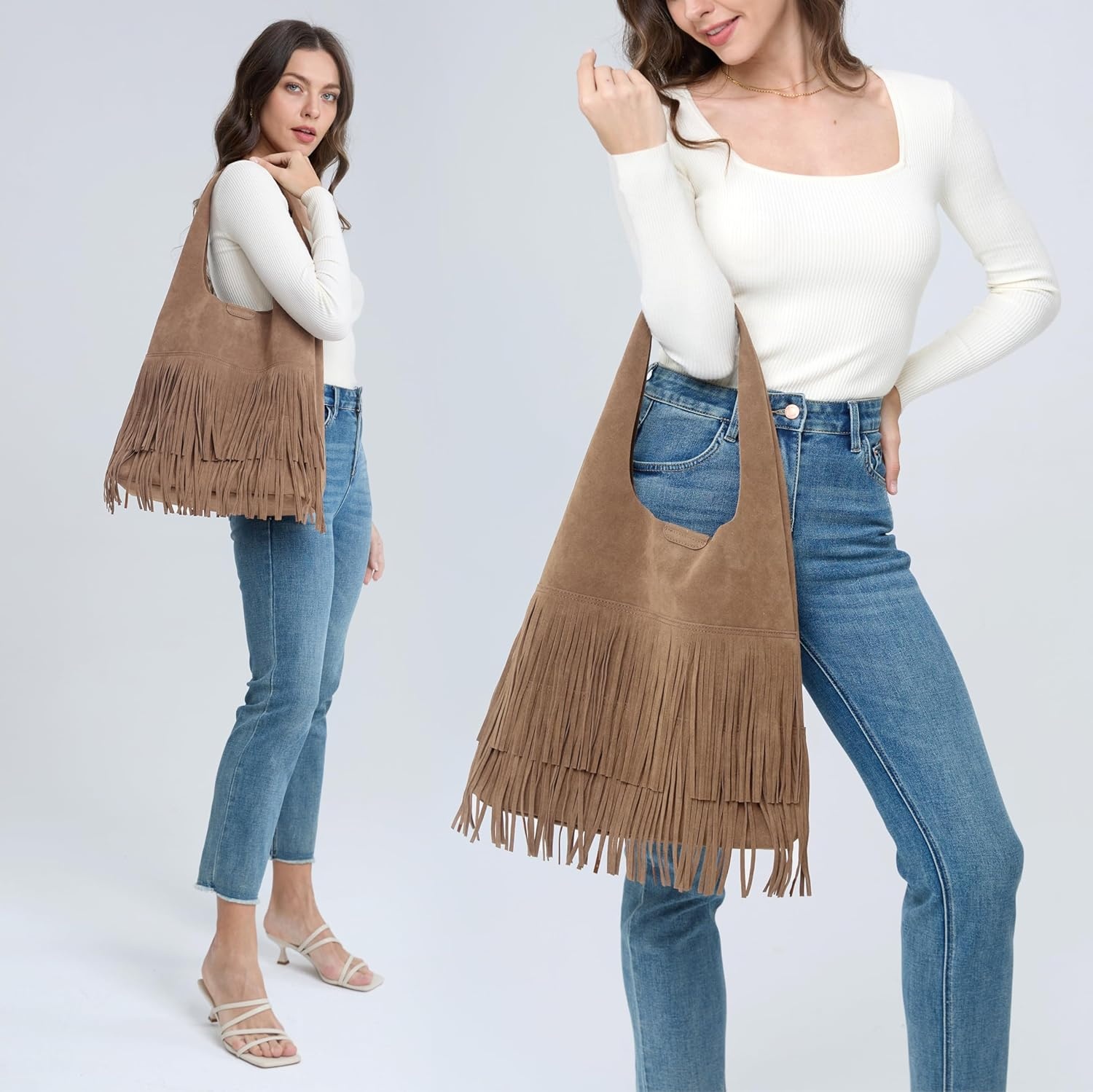 image:imageTassel Faux Suede Hobo Bag for Women Fringe Shoulder HandbagTan