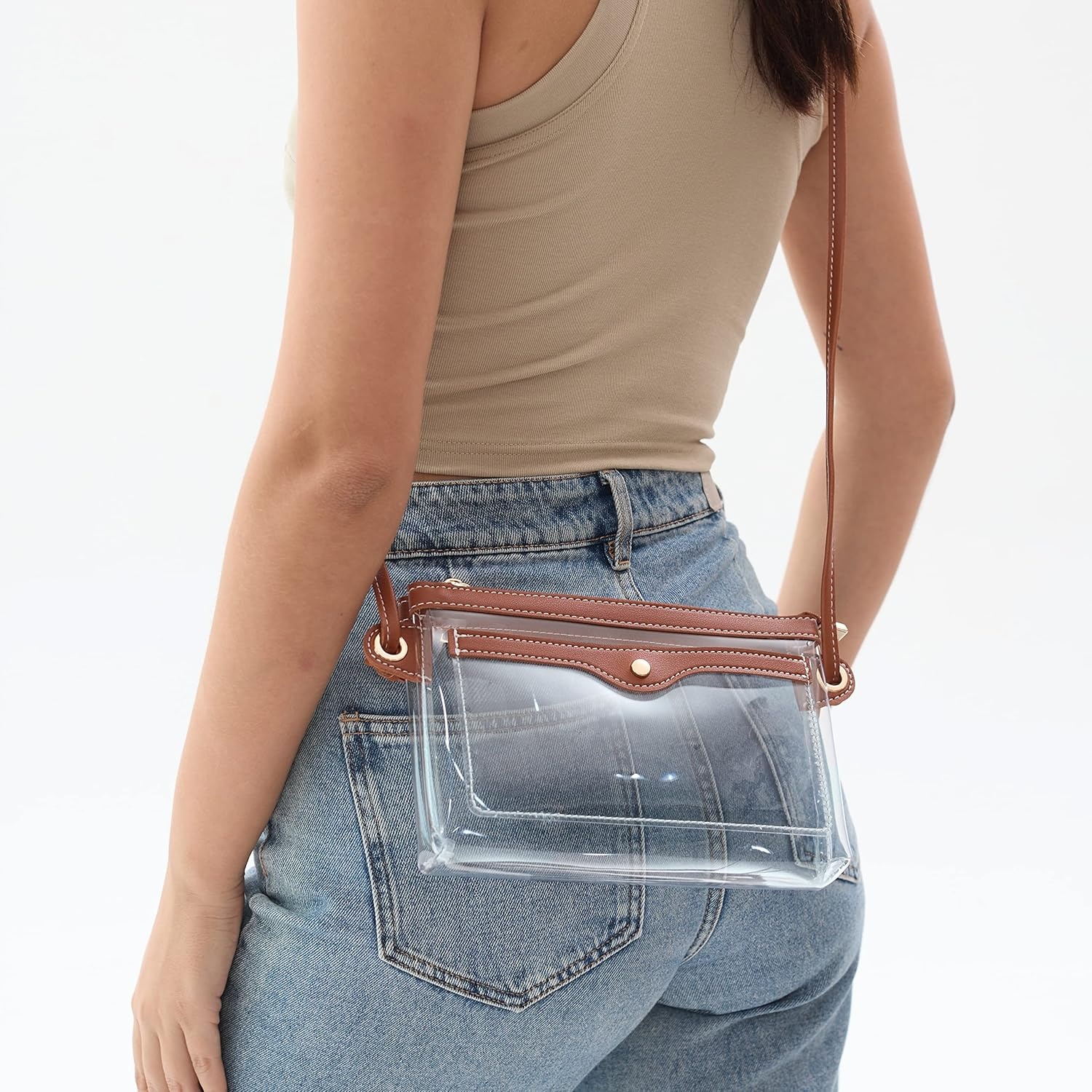 image:imageWomens Clear PVC Cross Body Bag Pocket Shoulder Bag with Vegan Leather Trim Transparent Zipper Purse Stadium ApprovedBrown