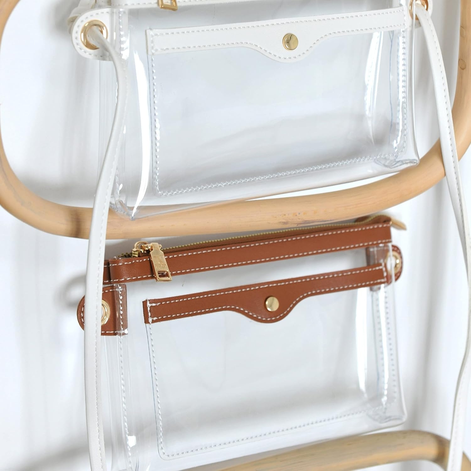 image:imageWomens Clear PVC Cross Body Bag Pocket Shoulder Bag with Vegan Leather Trim Transparent Zipper Purse Stadium ApprovedBrown