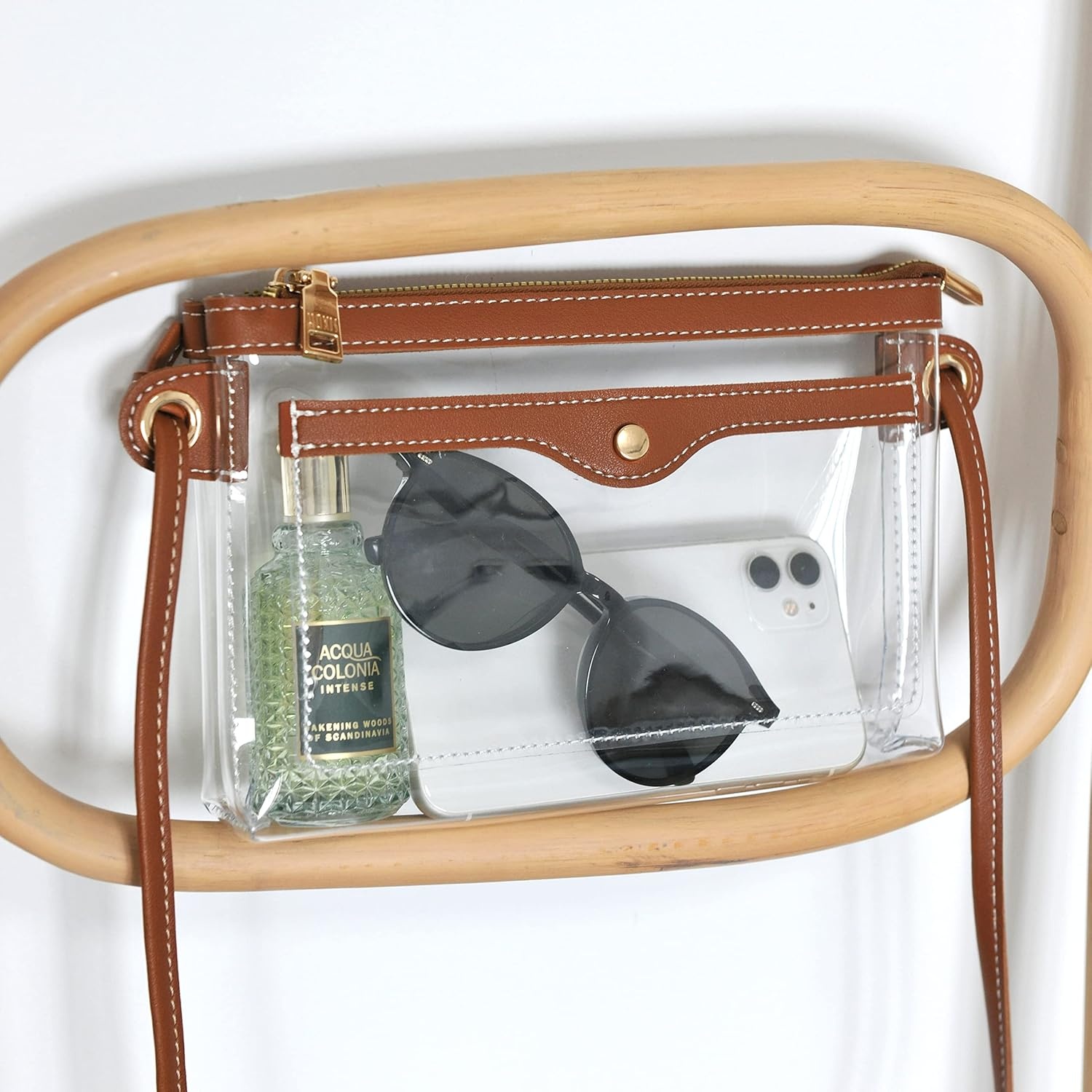 image:imageWomens Clear PVC Cross Body Bag Pocket Shoulder Bag with Vegan Leather Trim Transparent Zipper Purse Stadium ApprovedBrown