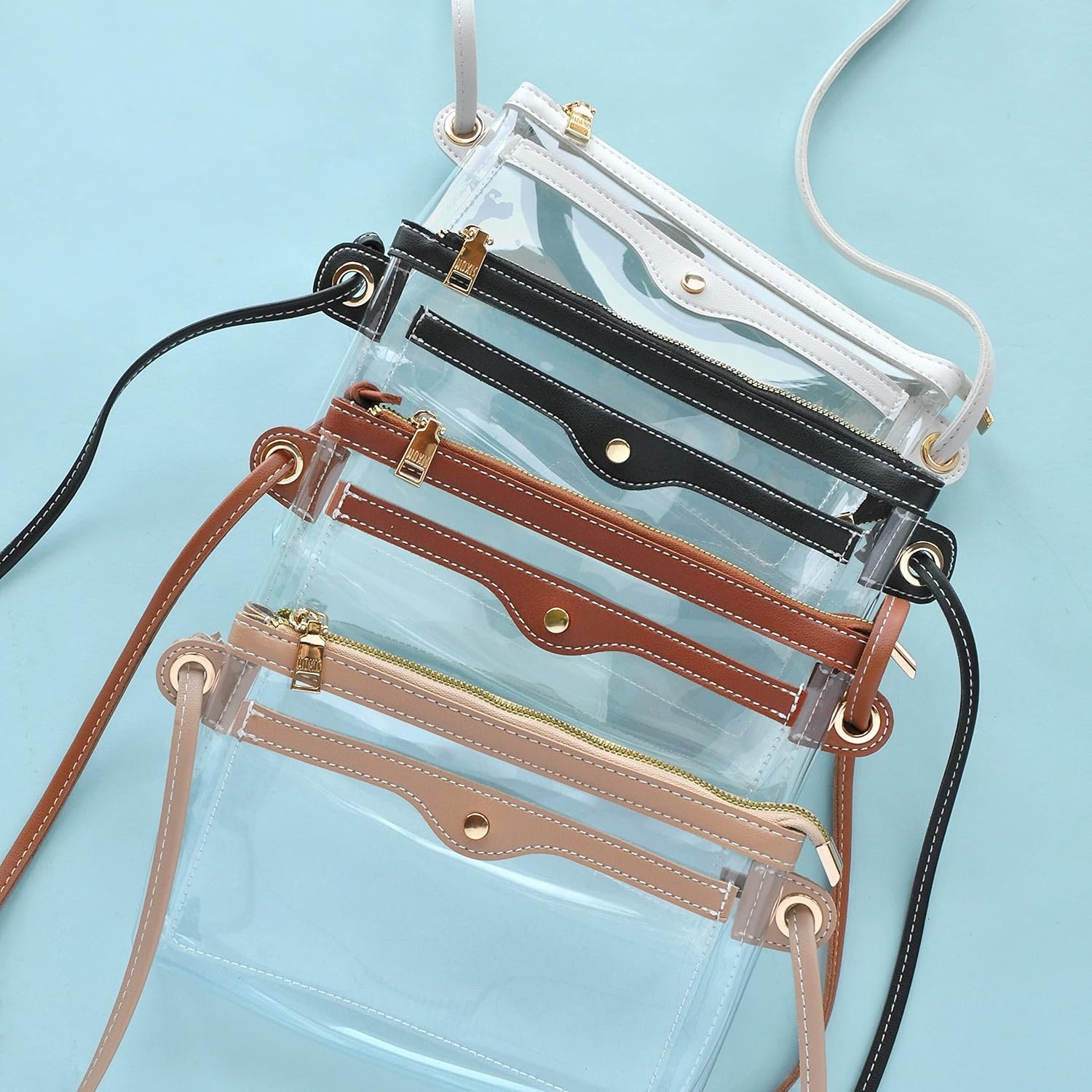 image:imageWomens Clear PVC Cross Body Bag Pocket Shoulder Bag with Vegan Leather Trim Transparent Zipper Purse Stadium ApprovedBrown