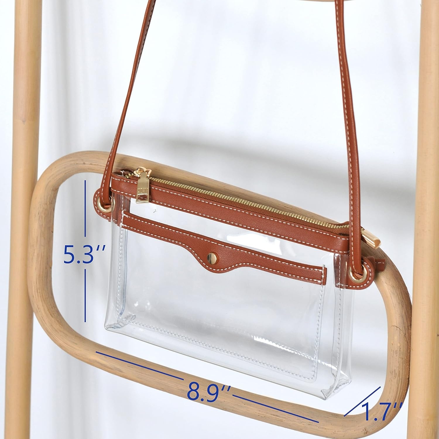 image:imageWomens Clear PVC Cross Body Bag Pocket Shoulder Bag with Vegan Leather Trim Transparent Zipper Purse Stadium ApprovedBrown