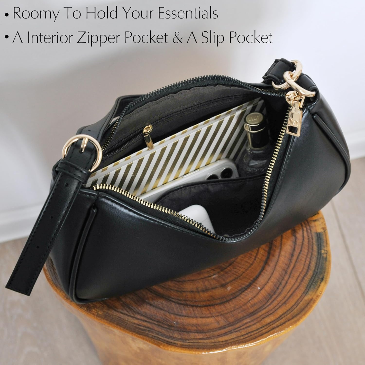 image:imageWomens Crescent Shoulder Bag Vegan Leather Chain Cross body bag Convertible Handbag Vegan Leather Chain ConvertibleBlack