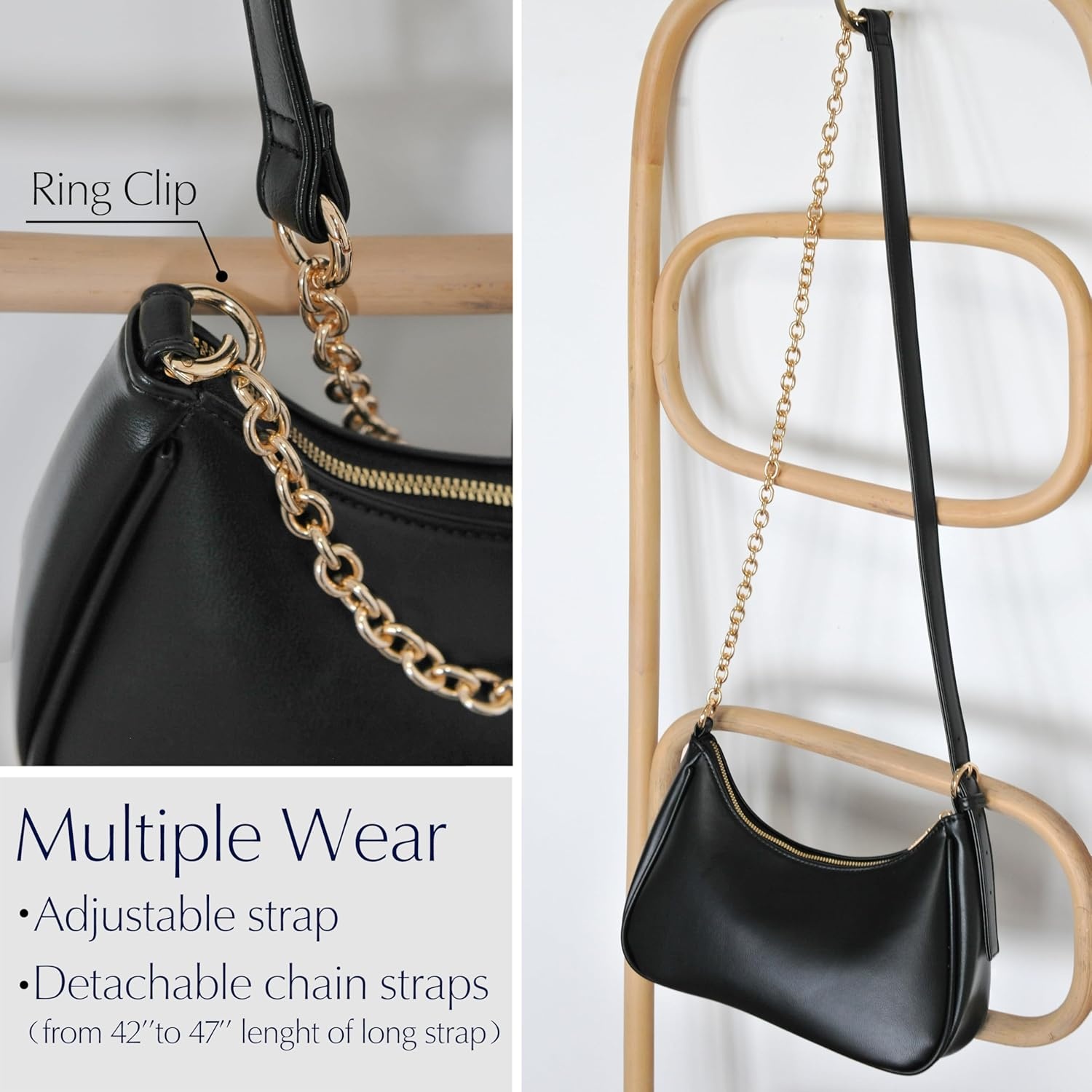 image:imageWomens Crescent Shoulder Bag Vegan Leather Chain Cross body bag Convertible Handbag Vegan Leather Chain ConvertibleBlack