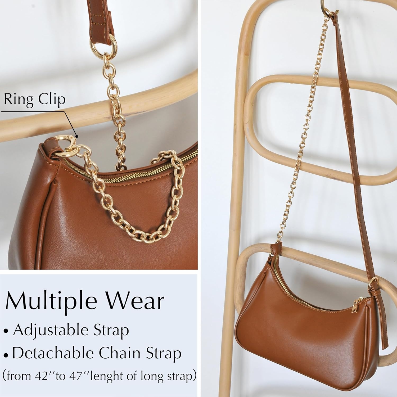 image:imageWomens Crescent Shoulder Bag Vegan Leather Chain Cross body bag Convertible Handbag Vegan Leather Chain ConvertibleBrown