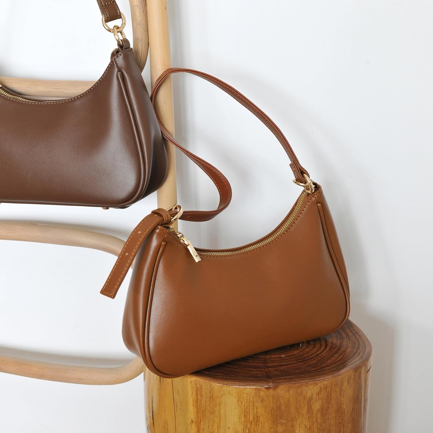 image:imageWomens Crescent Shoulder Bag Vegan Leather Chain Cross body bag Convertible Handbag Vegan Leather Chain ConvertibleBrown