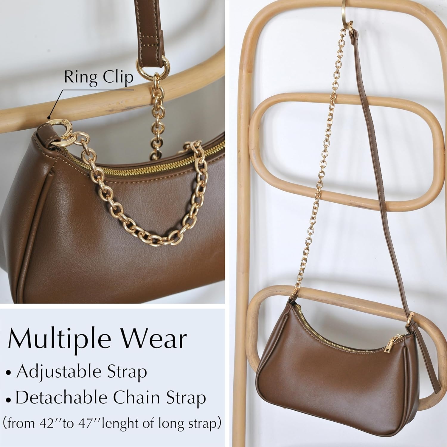image:imageWomens Crescent Shoulder Bag Vegan Leather Chain Cross body bag Convertible Handbag Vegan Leather Chain ConvertibleCoffee
