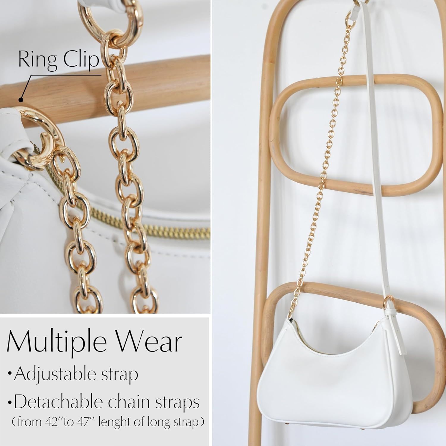 image:imageWomens Crescent Shoulder Bag Vegan Leather Chain Cross body bag Convertible Handbag Vegan Leather Chain ConvertibleWhite